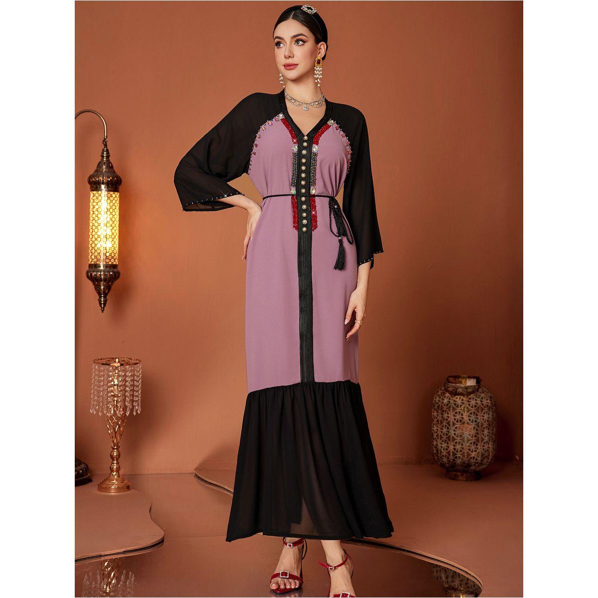 Styli Embellished Color Block Beaded Ruffle Hem Jalabiya-women-arabicclothing-jalabiyas-image-5
