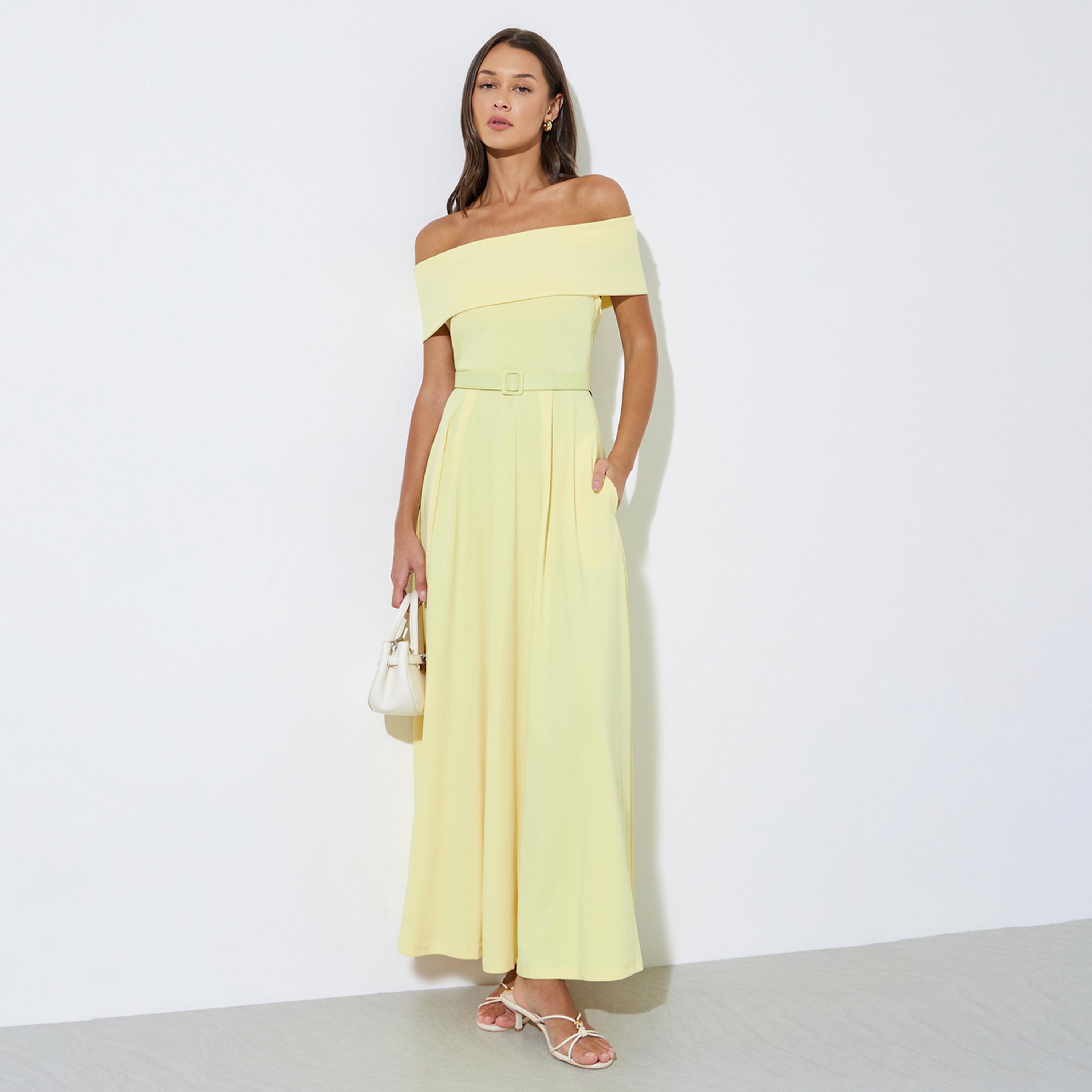 Styli Yellow Off Shoulder Belted A-Line Maxi Dress-women-clothing-dresses-image-1