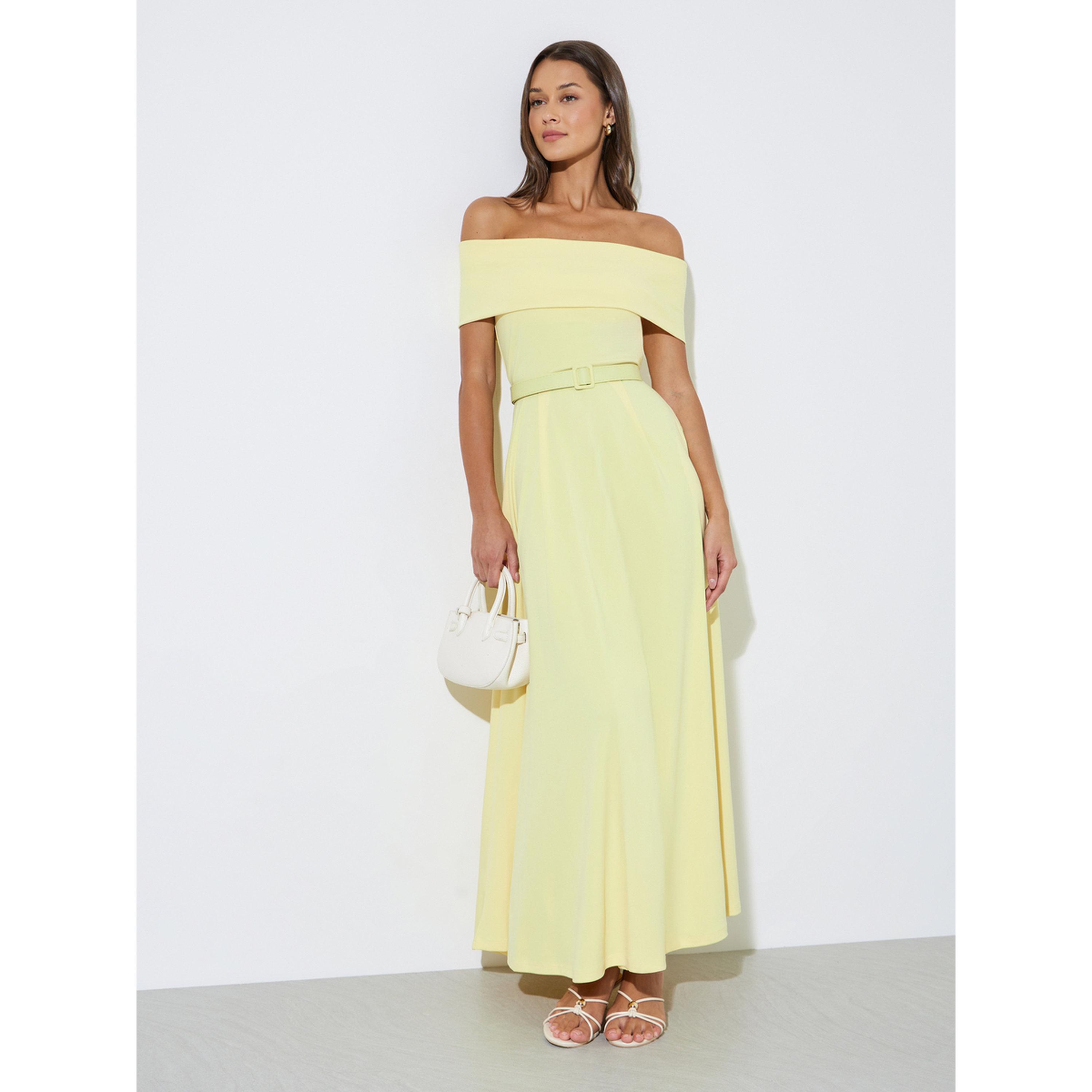 Styli Yellow Off Shoulder Belted A-Line Maxi Dress-women-clothing-dresses-image-3