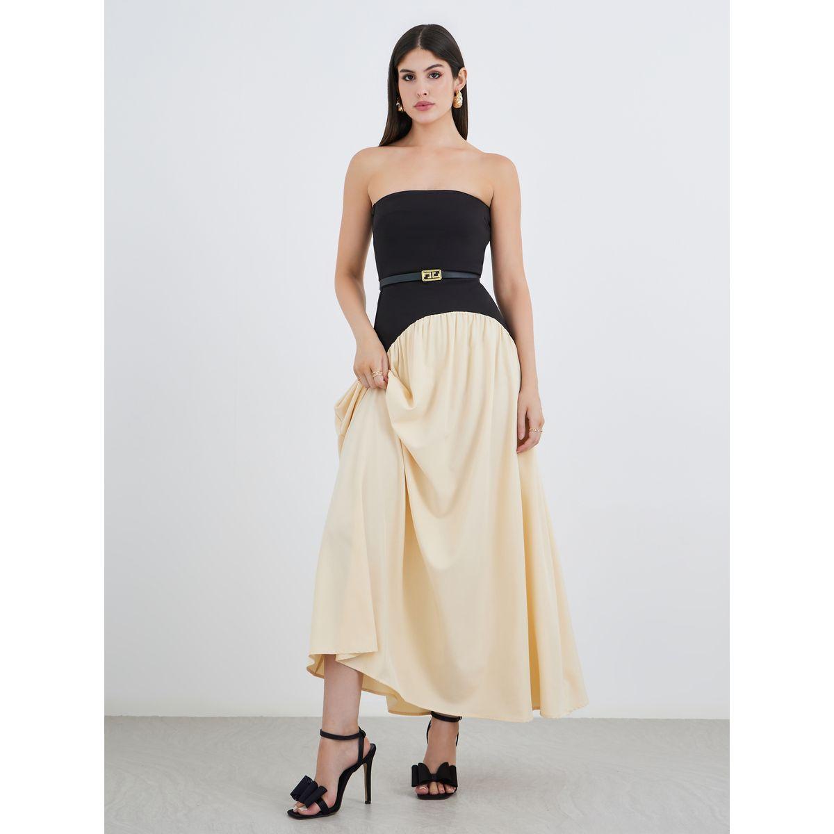 فستان طويل بنمط كتل الالوان وبلا أربطة مع حزام-women-clothing-dresses-image-1