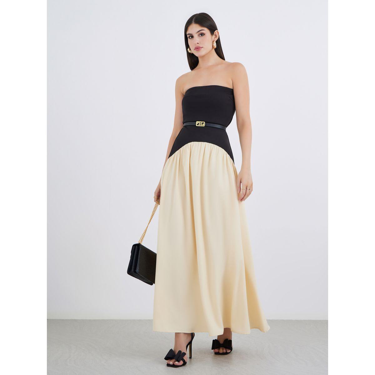 Styli Women Color Block Strapless A-Line Maxi Dress with Belt Detail-women-clothing-dresses-image-2