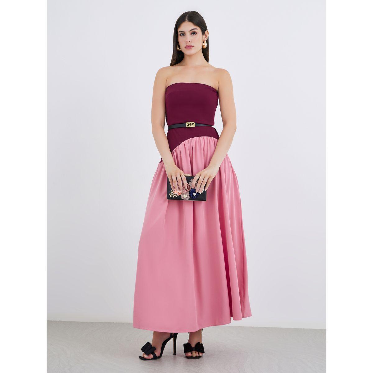 فستان طويل بنمط كتل الالوان وبلا أربطة مع حزام-women-clothing-dresses-image-1