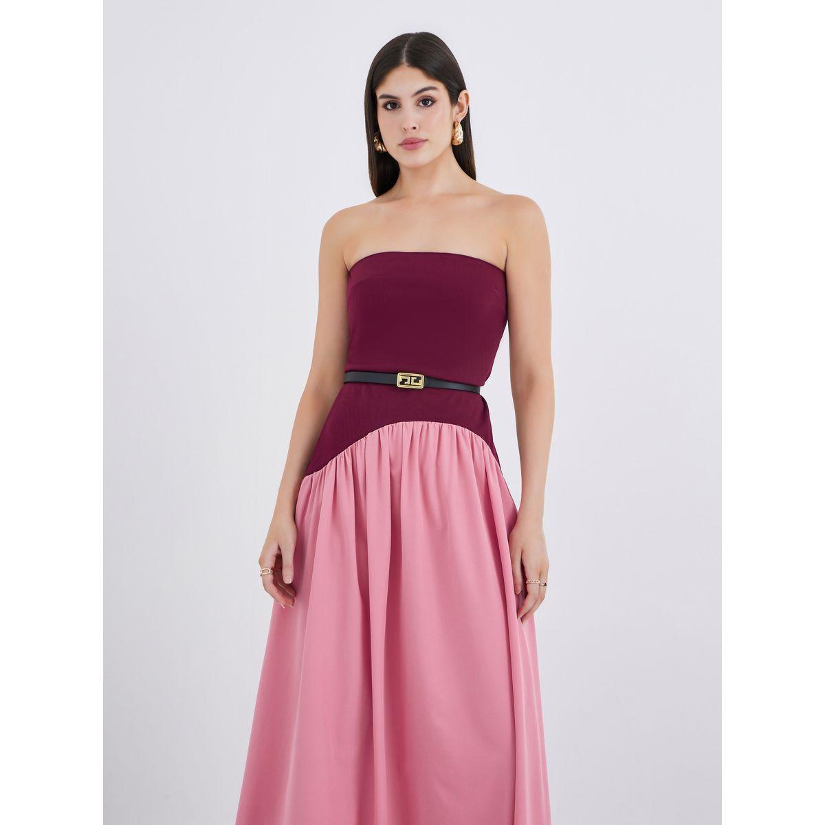 فستان طويل بنمط كتل الالوان وبلا أربطة مع حزام-women-clothing-dresses-image-3