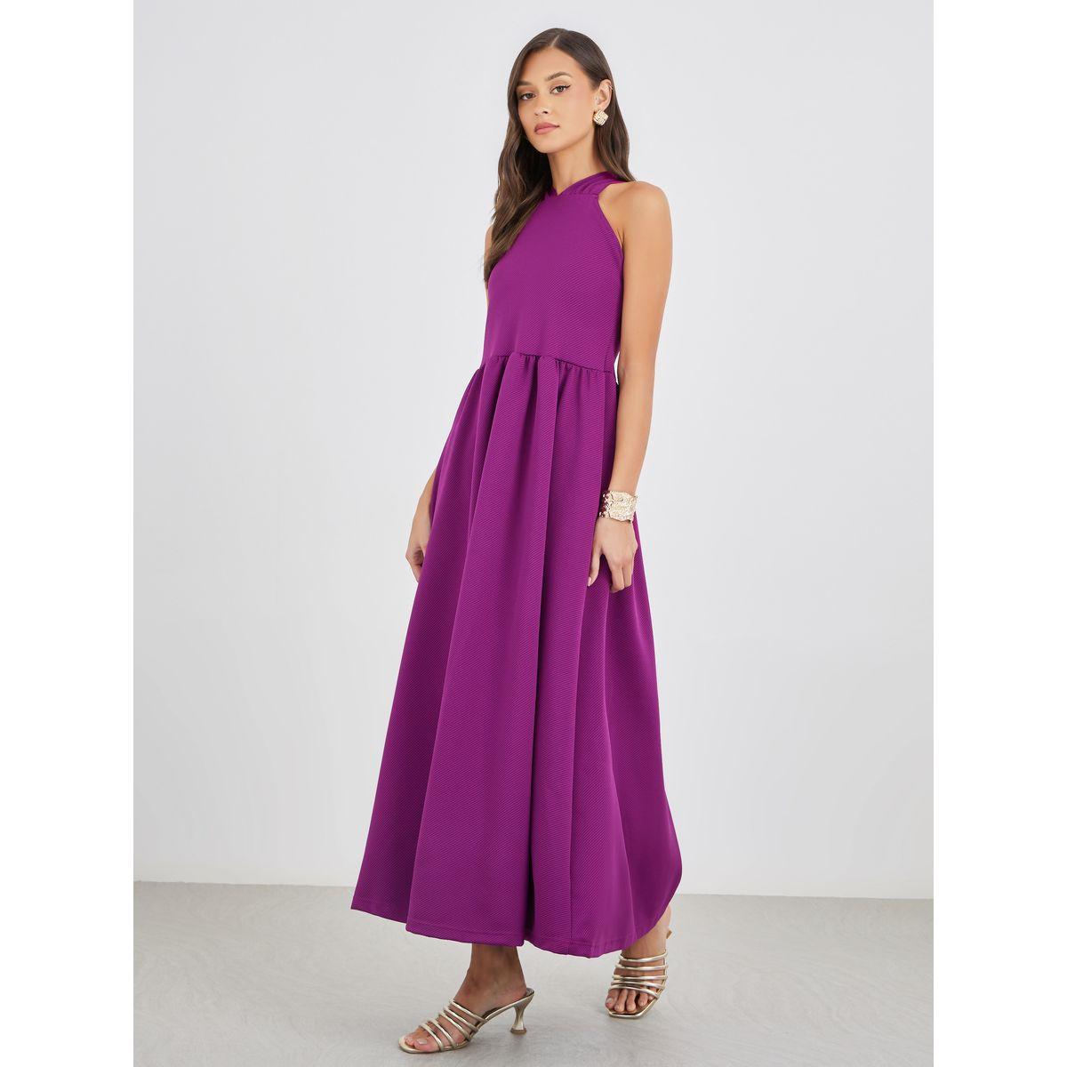 فستان طويل سادة بأربطة ظهر كروس-women-clothing-dresses-image-2