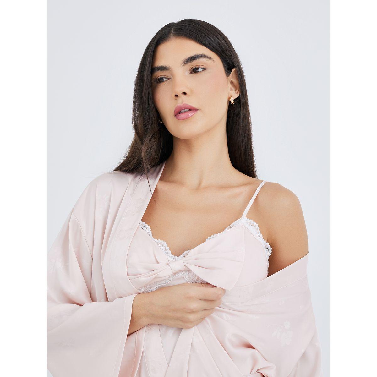 Styli Pack of 2 - Satin Jacquard Bow Front Slip Dress and Robe-women-clothing-nightwear-robes-image-4