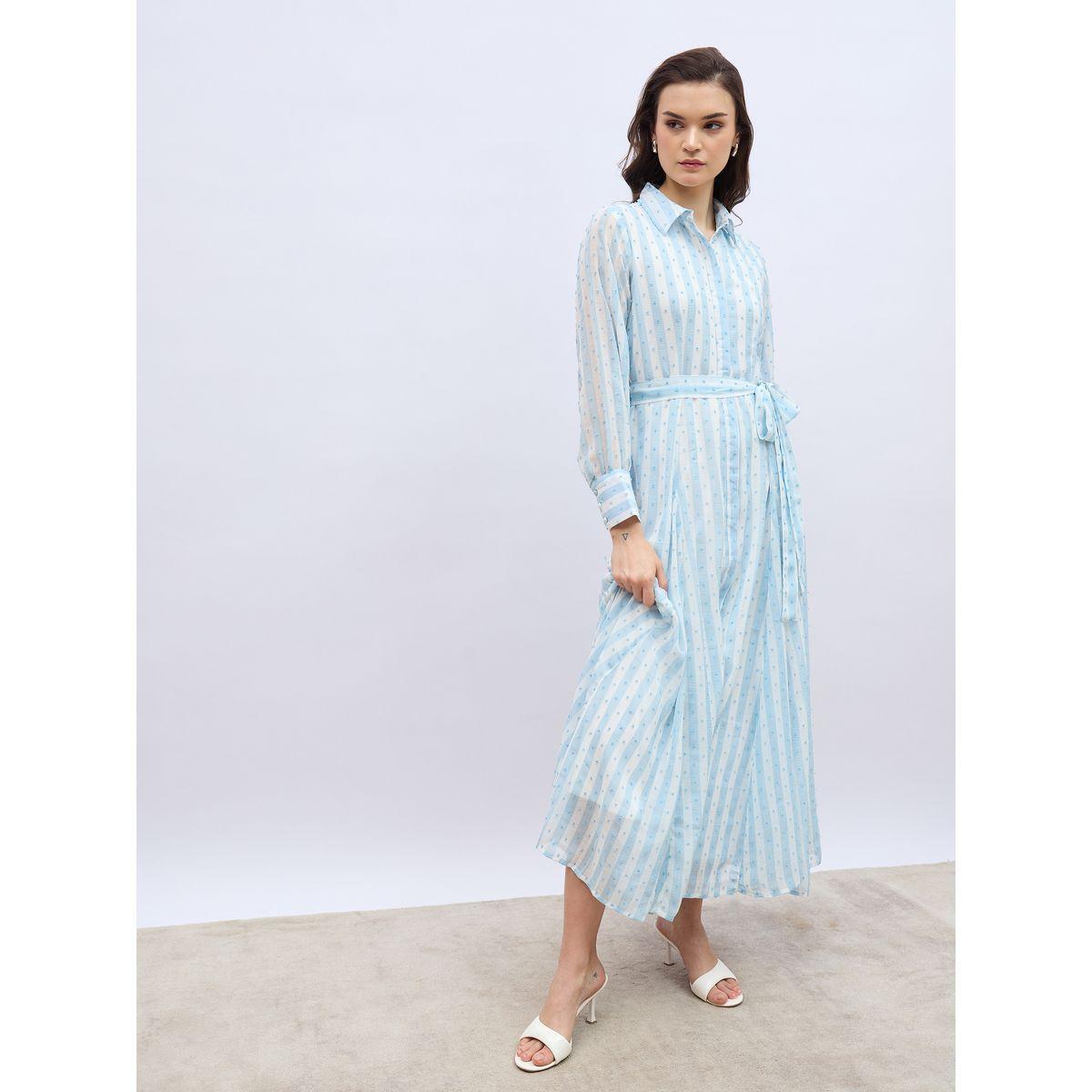 فستان طويل مخطط بخيوط دوبي وحزام خصر-women-clothing-dresses-image-1