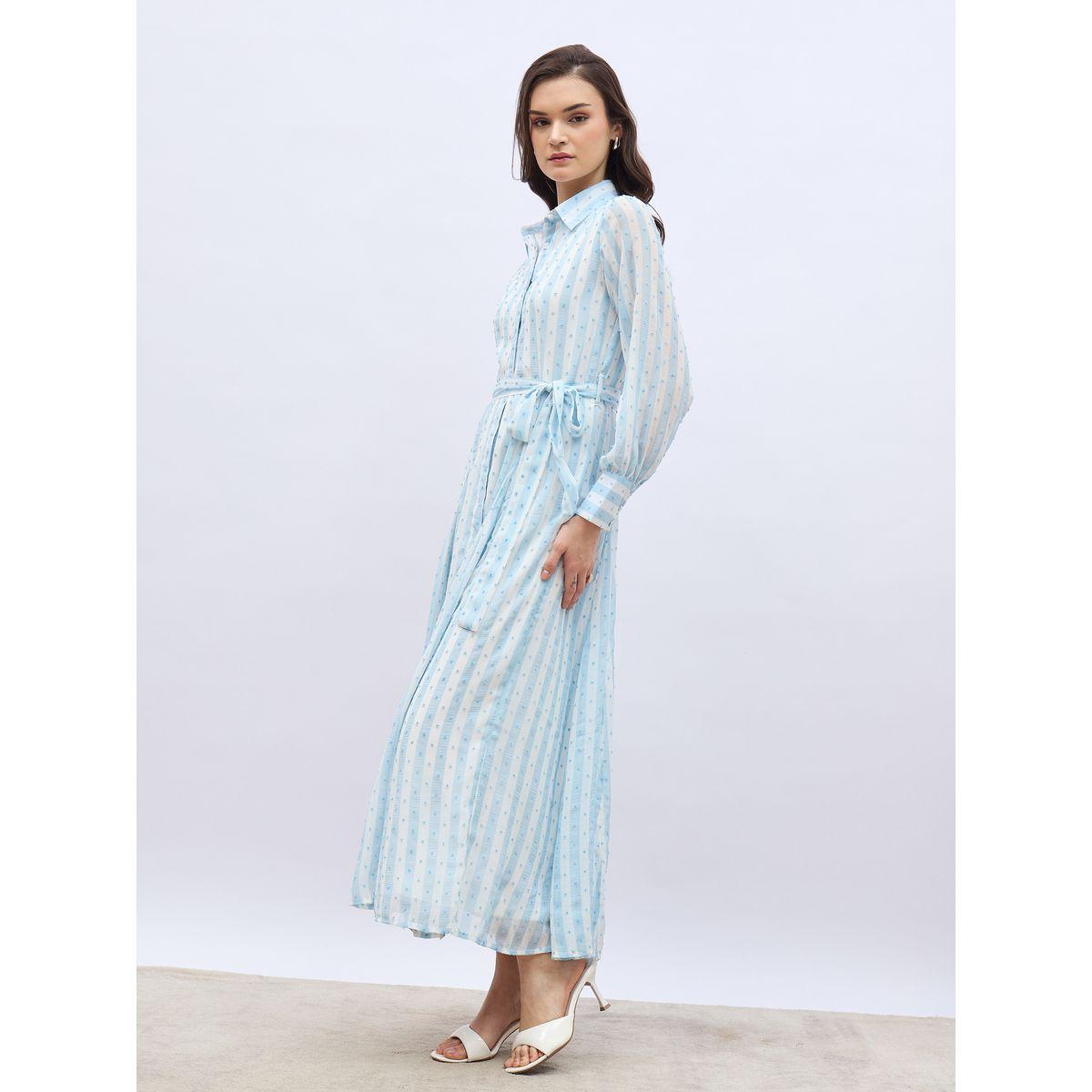 فستان طويل مخطط بخيوط دوبي وحزام خصر-women-clothing-dresses-image-3