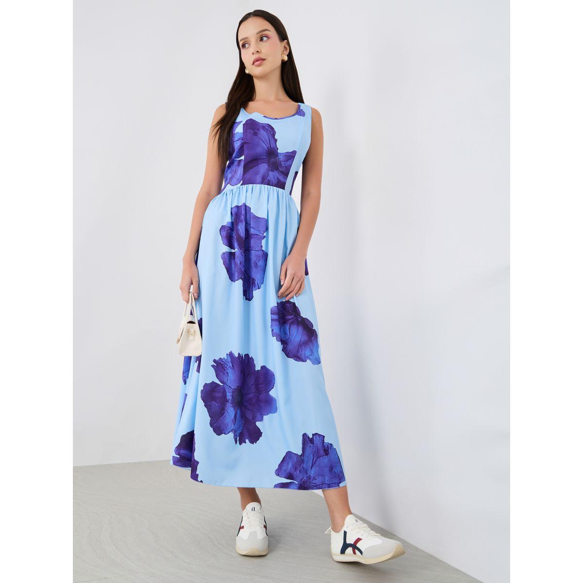فستان ميدي بلا أكمام بياقة دائرية وطبعة زهور-women-clothing-dresses-image-1