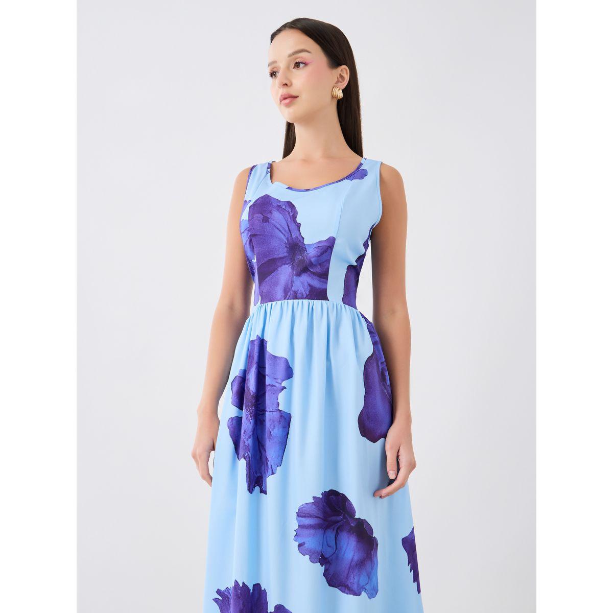 فستان ميدي بلا أكمام بياقة دائرية وطبعة زهور-women-clothing-dresses-image-2