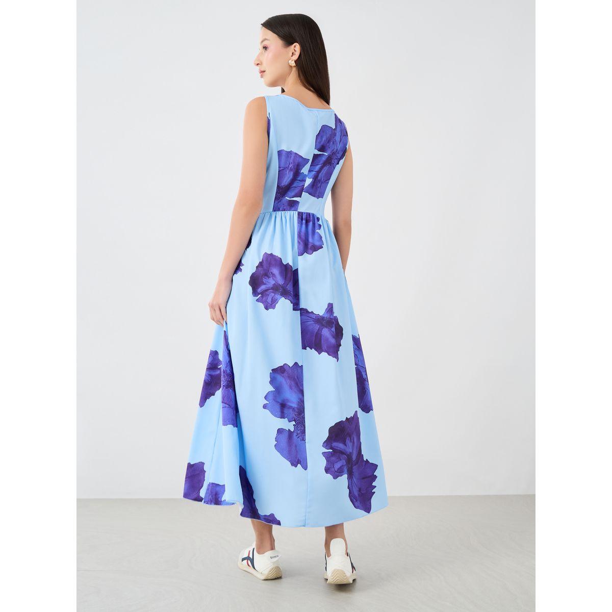 فستان ميدي بلا أكمام بياقة دائرية وطبعة زهور-women-clothing-dresses-image-4