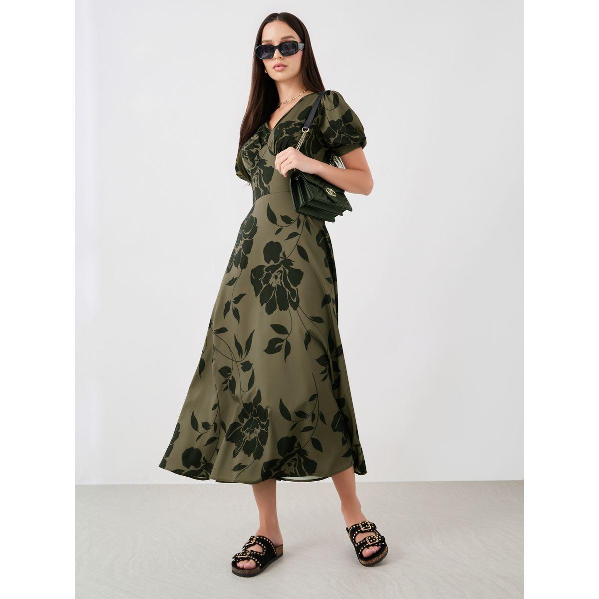 فستان ميدي بطبعة جرافيك وأكمام منفوخة-women-clothing-dresses-image-1