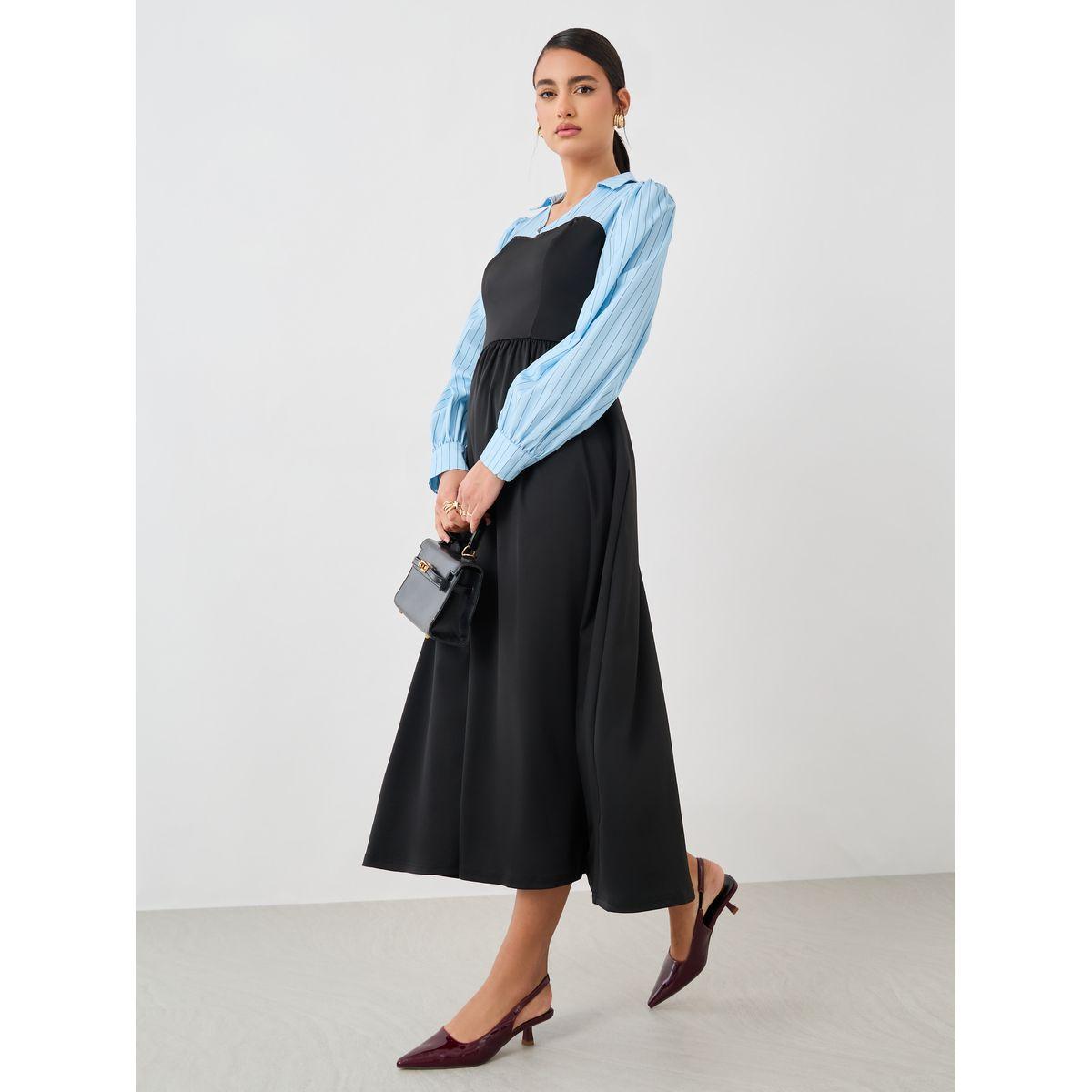 فستان ميدي بنمط توفر وياقة مع حافة واسعة-women-clothing-dresses-image-1