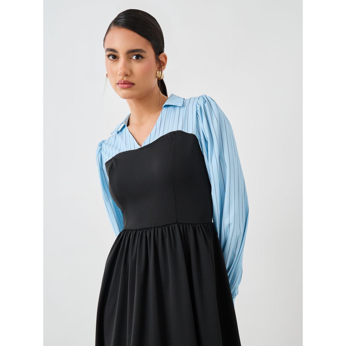 فستان ميدي بنمط توفر وياقة مع حافة واسعة-women-clothing-dresses-image-2