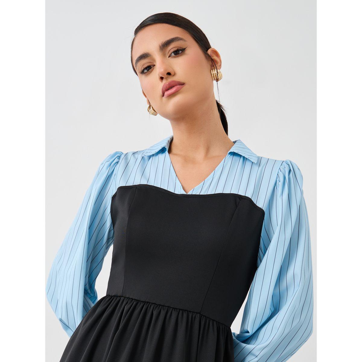 فستان ميدي بنمط توفر وياقة مع حافة واسعة-women-clothing-dresses-image-3