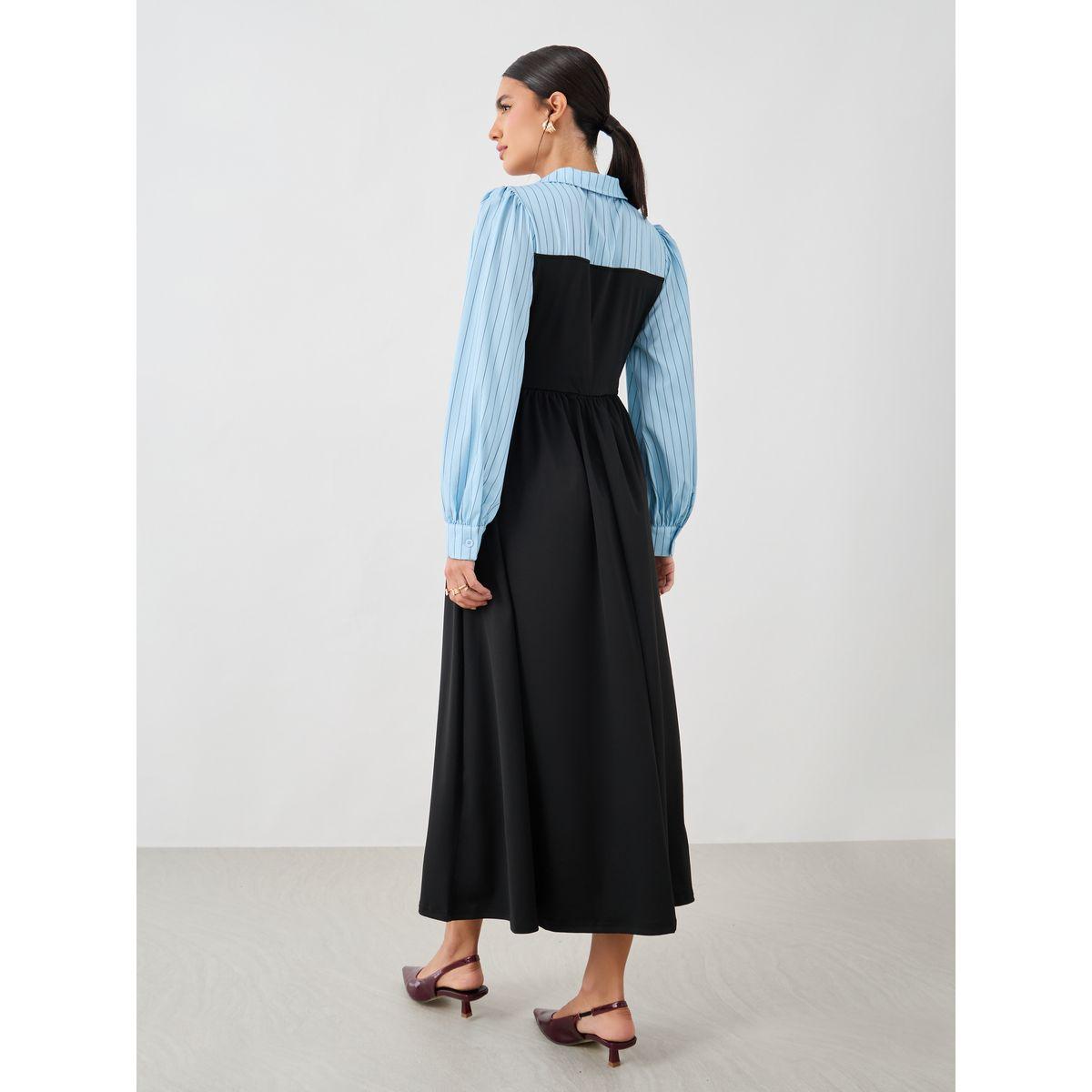 فستان ميدي بنمط توفر وياقة مع حافة واسعة-women-clothing-dresses-image-4