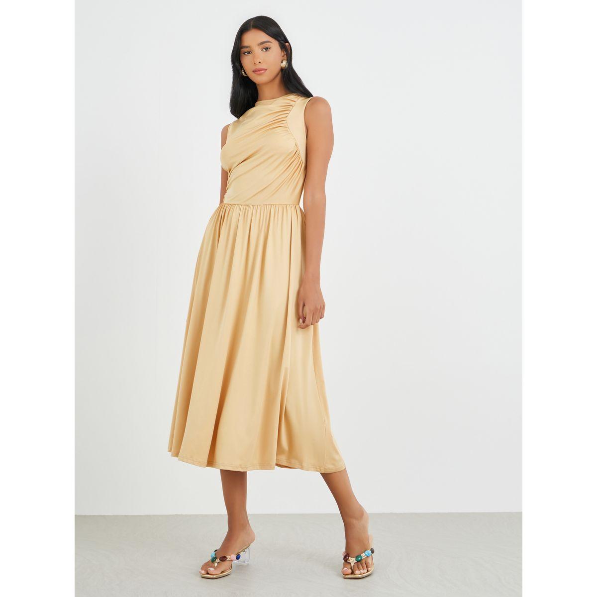 فستان ميدي سادة بلا أكمام مع تفاصيل مُجمعة-women-clothing-dresses-image-1