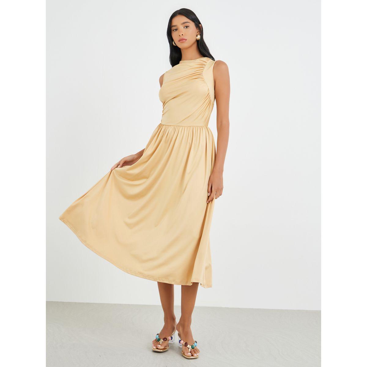 فستان ميدي سادة بلا أكمام مع تفاصيل مُجمعة-women-clothing-dresses-image-2