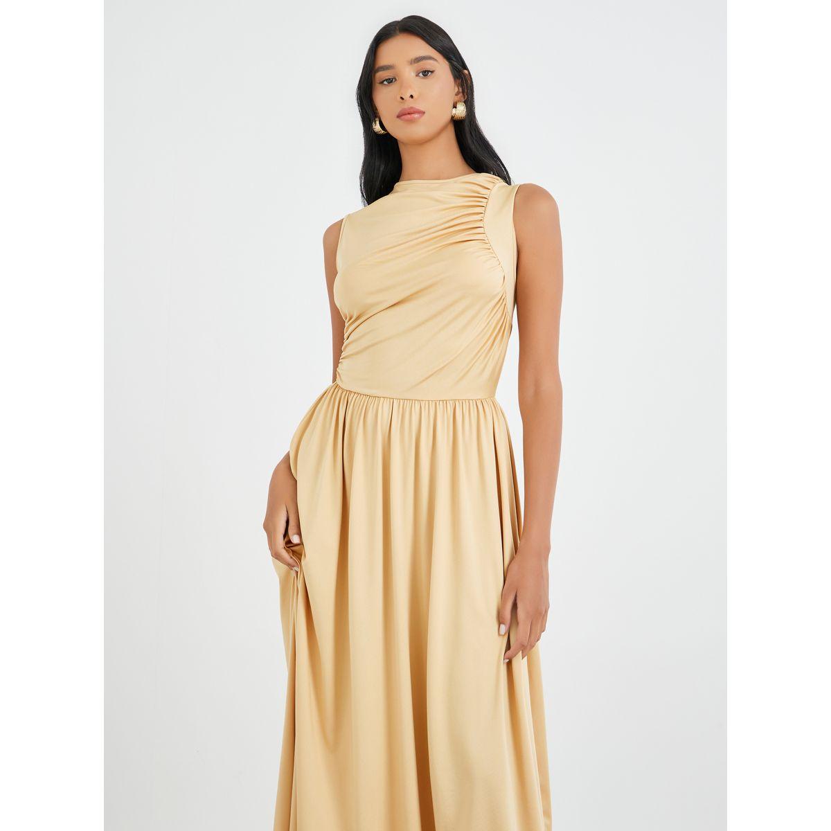 فستان ميدي سادة بلا أكمام مع تفاصيل مُجمعة-women-clothing-dresses-image-3