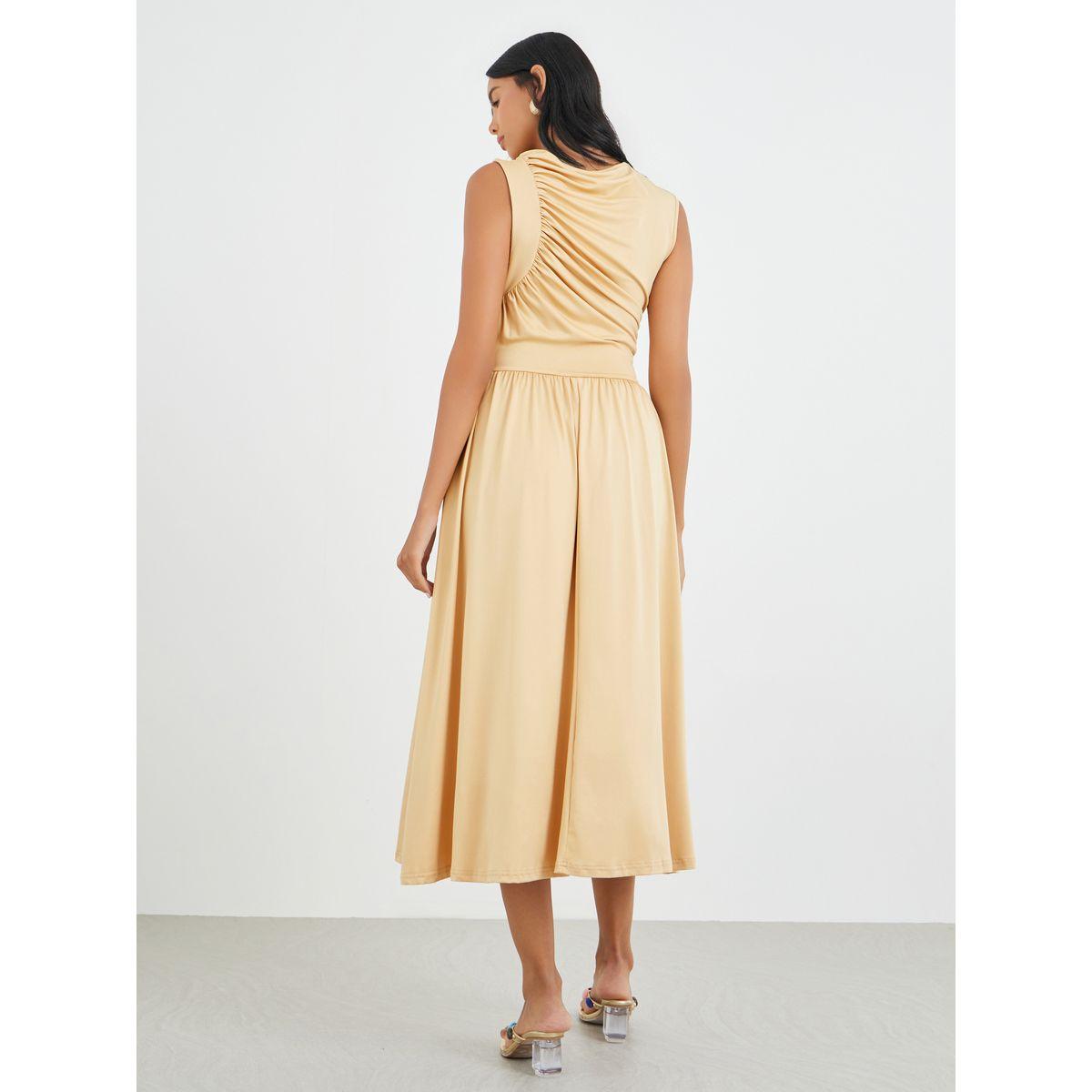 فستان ميدي سادة بلا أكمام مع تفاصيل مُجمعة-women-clothing-dresses-image-5