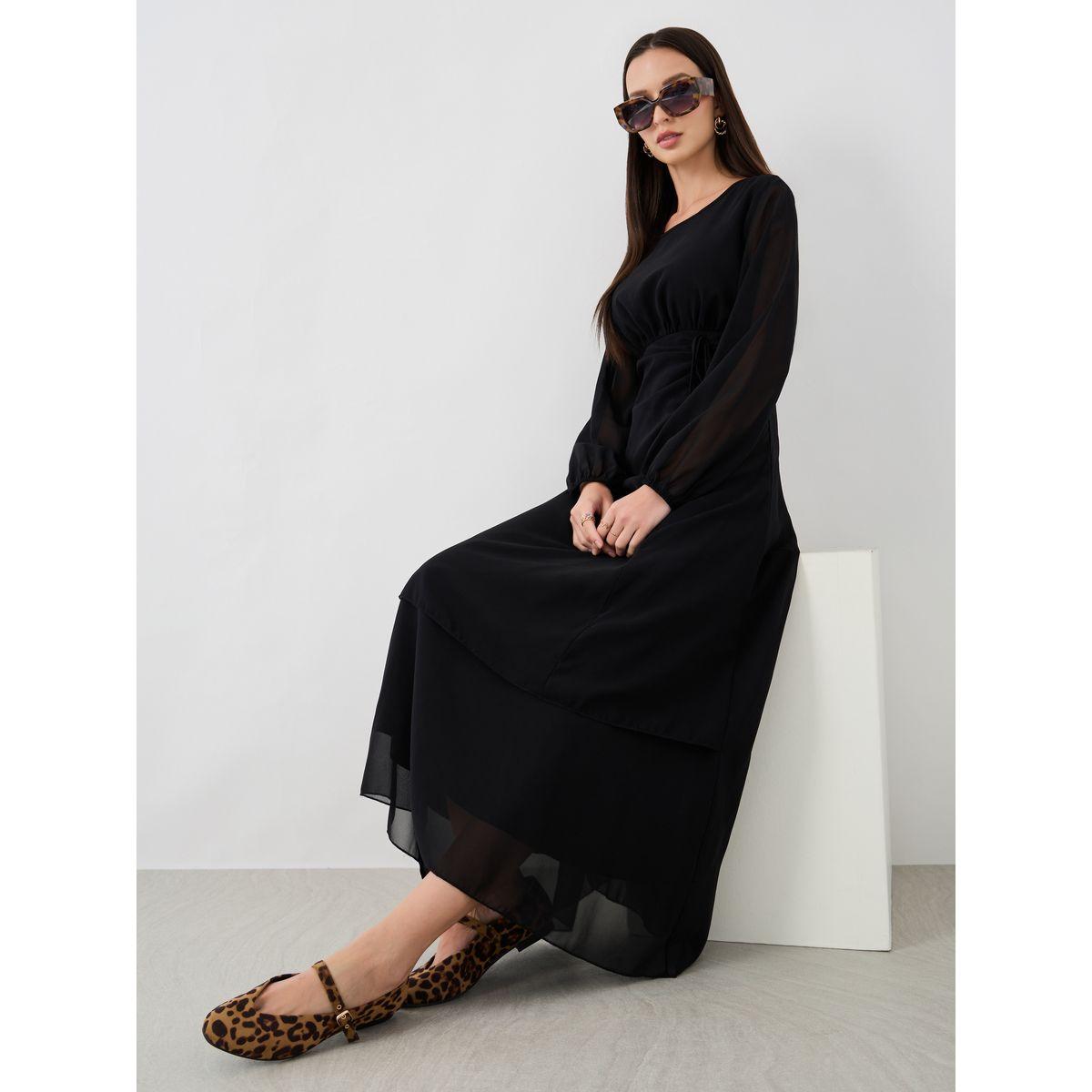 فستان طويل سادة بياقة دائرية وتفاصيل مُجمعة-women-clothing-dresses-image-1