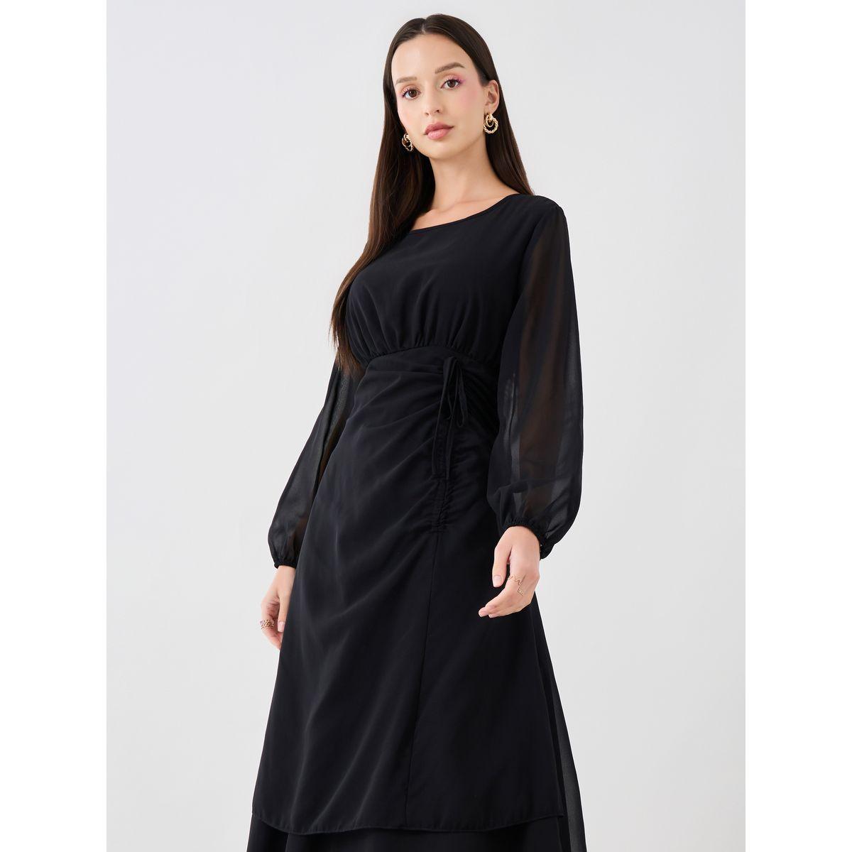 فستان طويل سادة بياقة دائرية وتفاصيل مُجمعة-women-clothing-dresses-image-2
