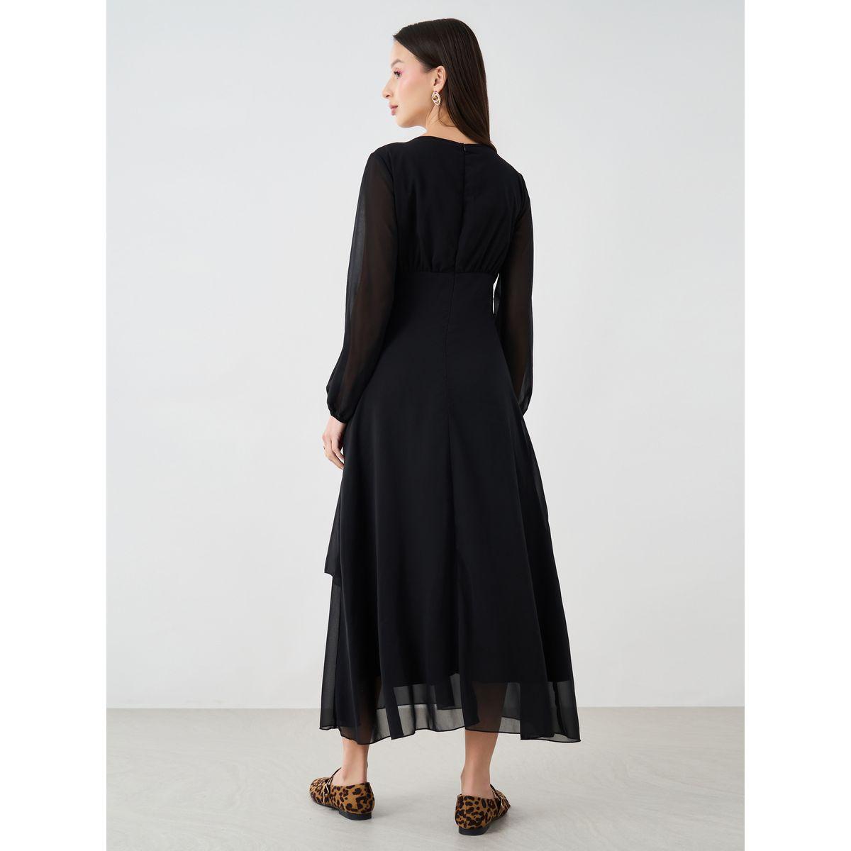فستان طويل سادة بياقة دائرية وتفاصيل مُجمعة-women-clothing-dresses-image-4