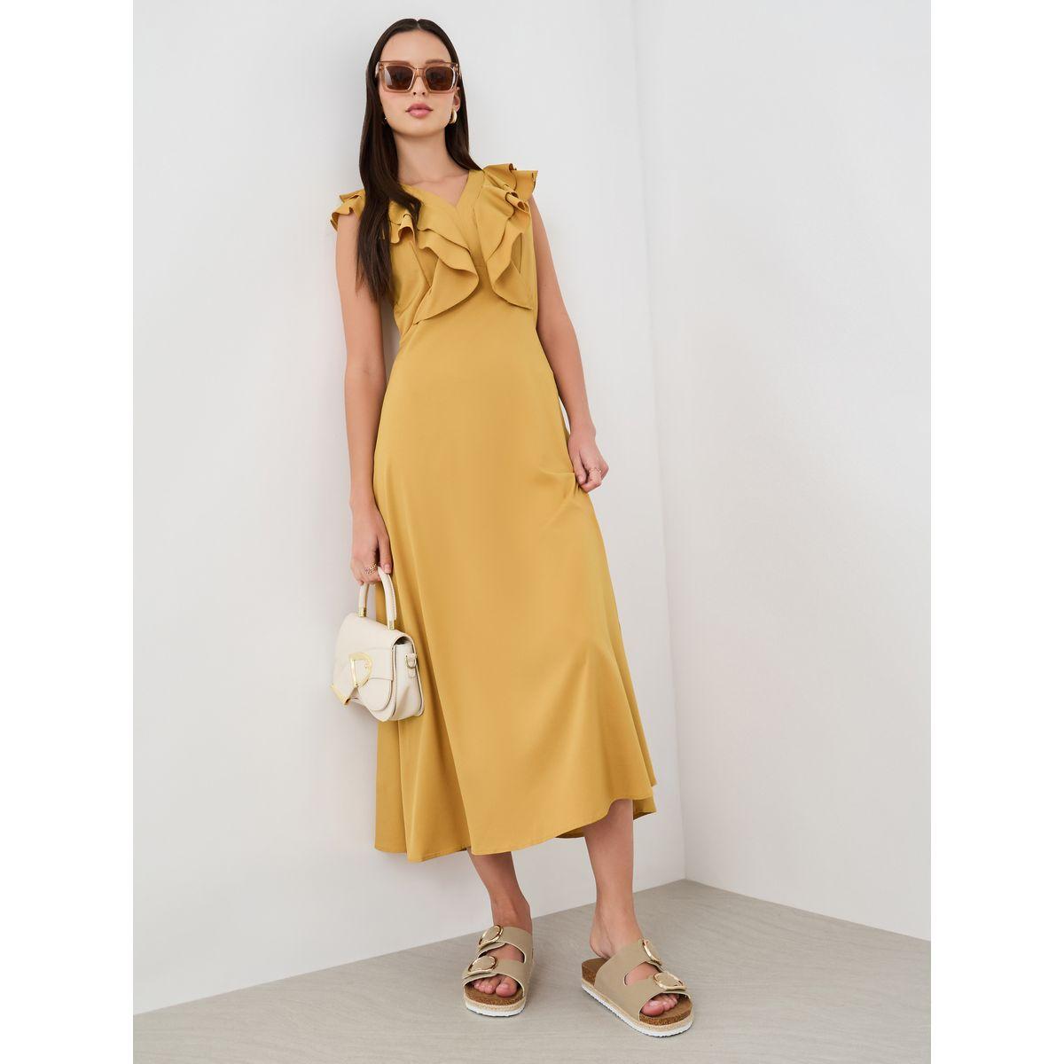 Styli Solid V-Neck Ruffled Detail Sleeveless Midi Dress-women-clothing-dresses-image-1