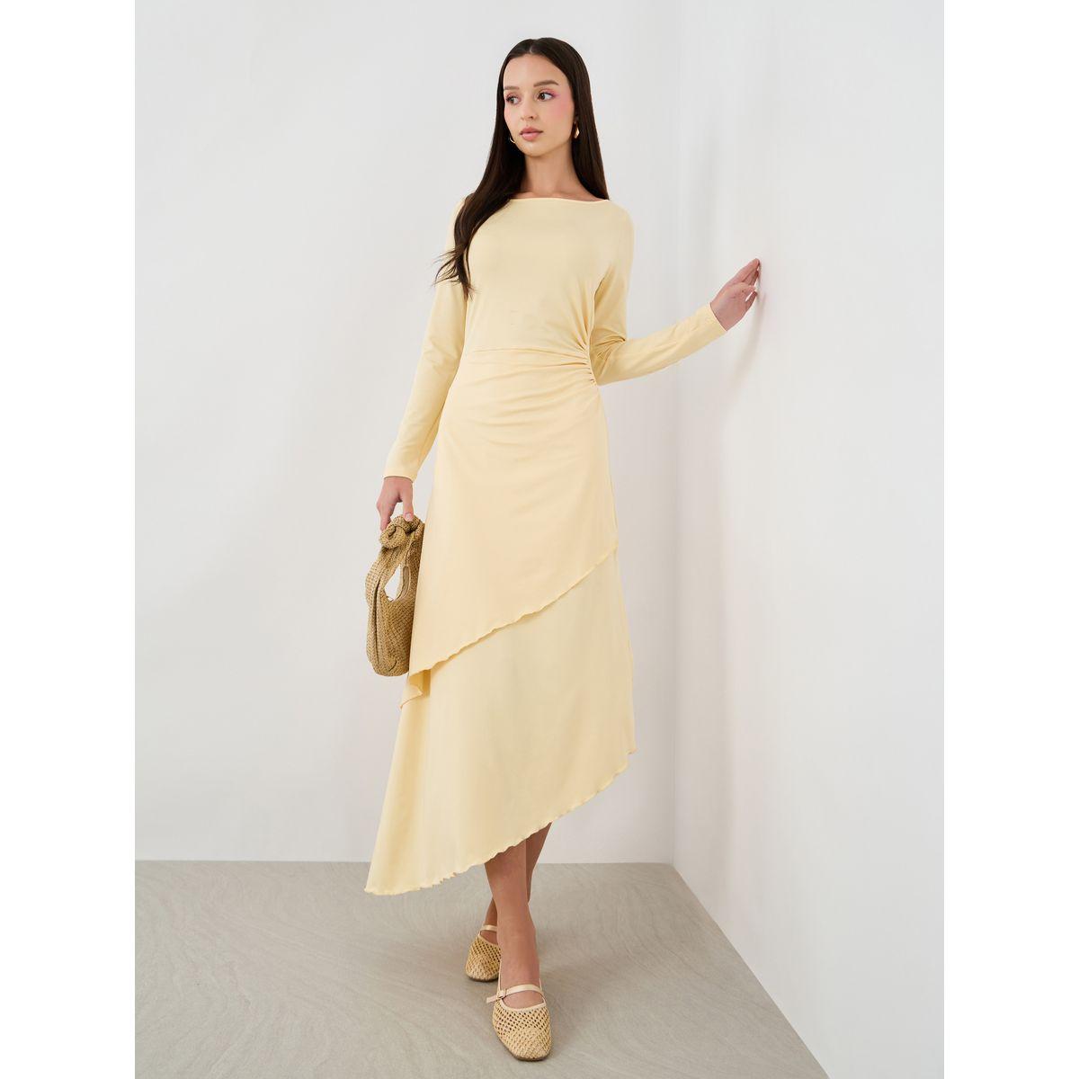 فستان ميدي سادة بحافة غير متماثلة الطول-women-clothing-dresses-image-1