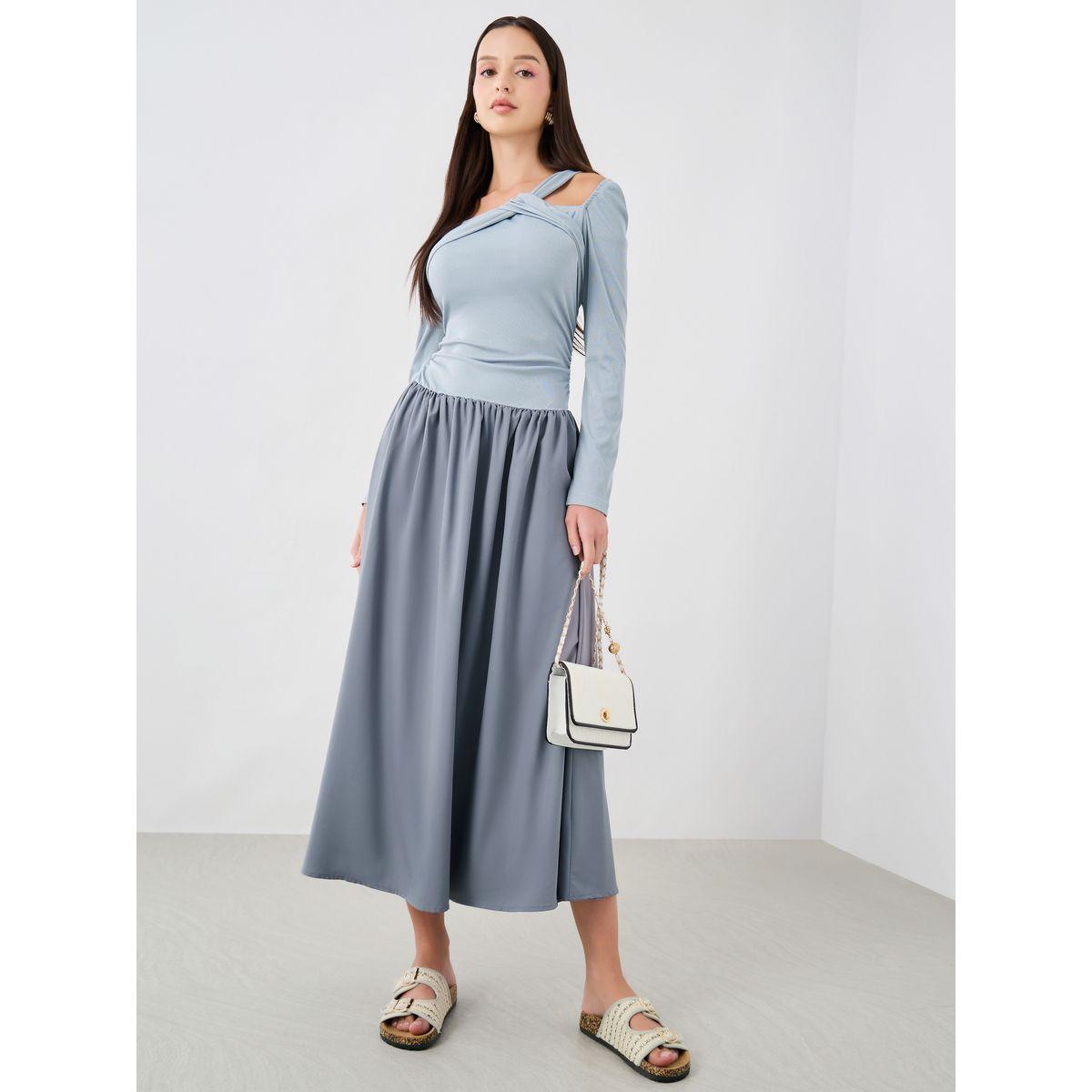 Styli Textured Asymmetric Neck Long Sleeve Midi Dress-women-clothing-dresses-image-1