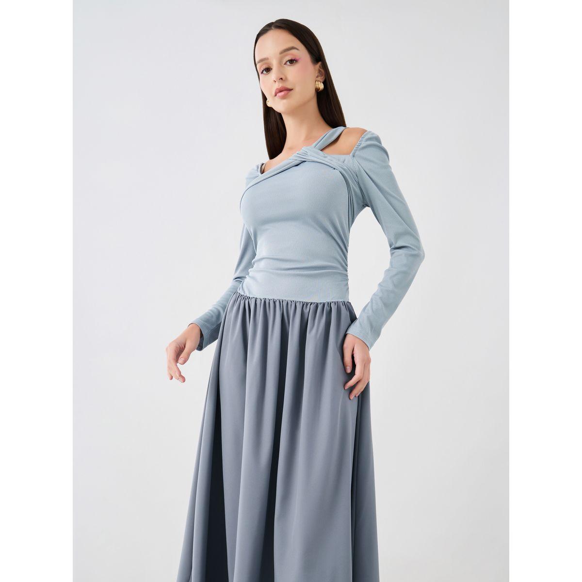 Styli Textured Asymmetric Neck Long Sleeve Midi Dress-women-clothing-dresses-image-2