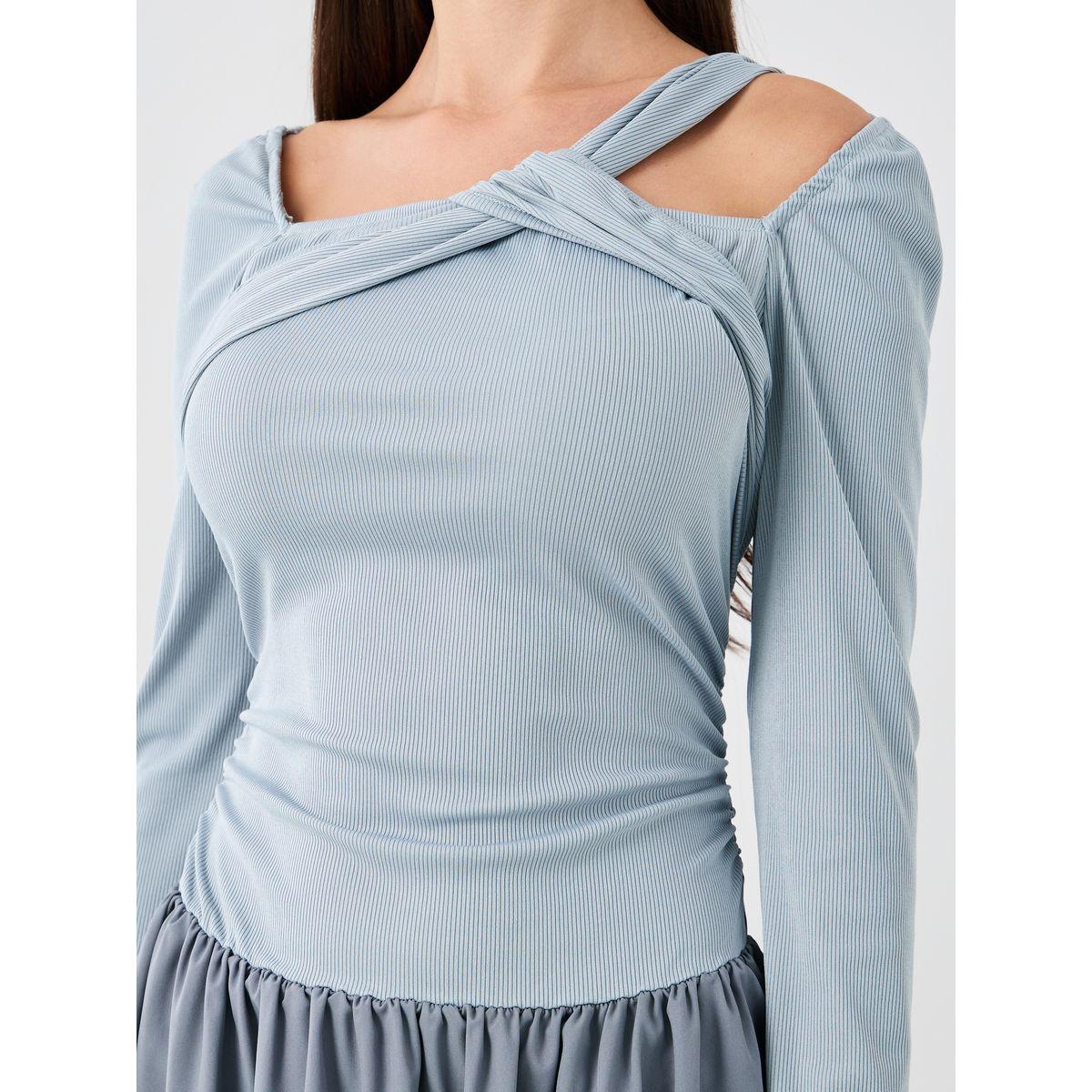 Styli Textured Asymmetric Neck Long Sleeve Midi Dress-women-clothing-dresses-image-3