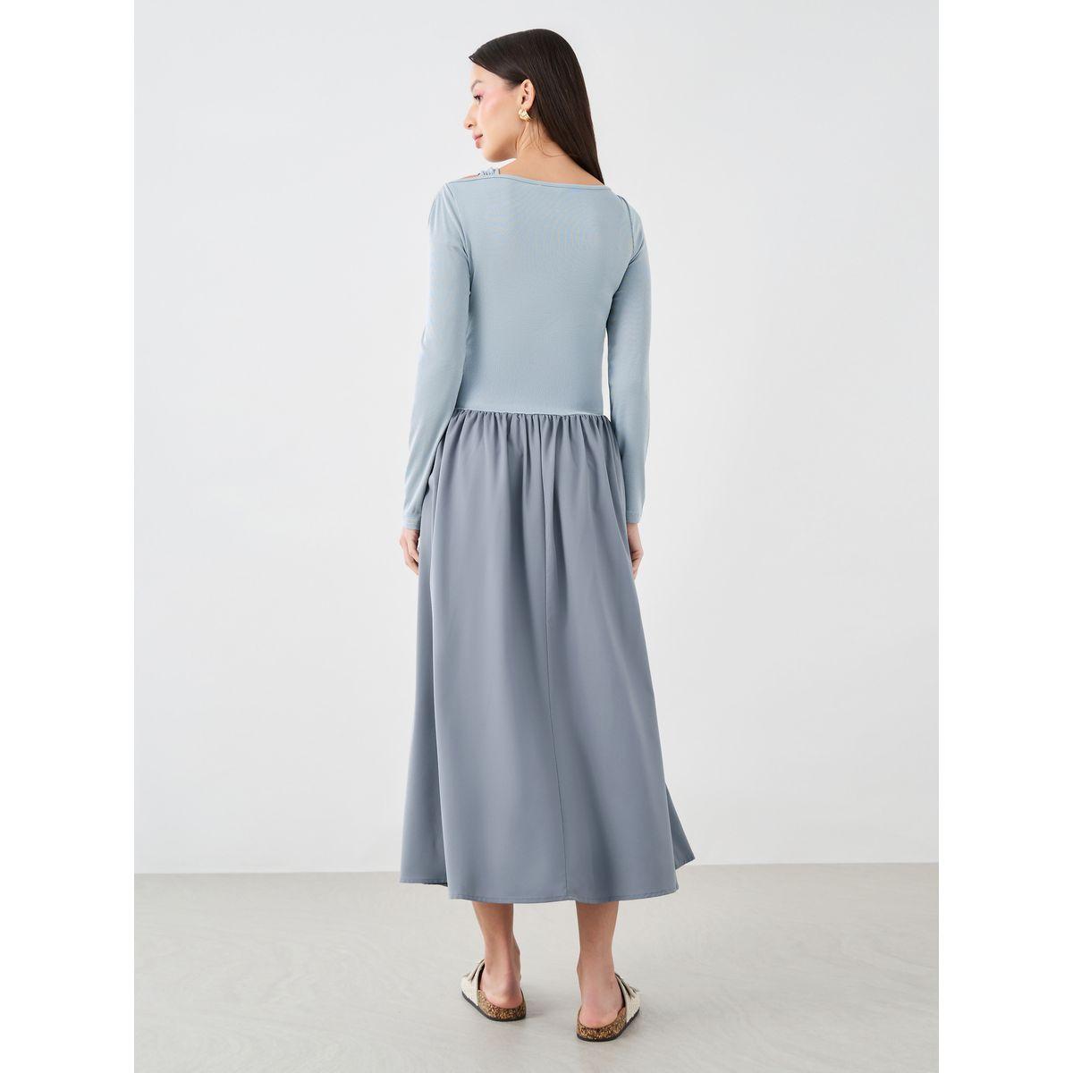 Styli Textured Asymmetric Neck Long Sleeve Midi Dress-women-clothing-dresses-image-4