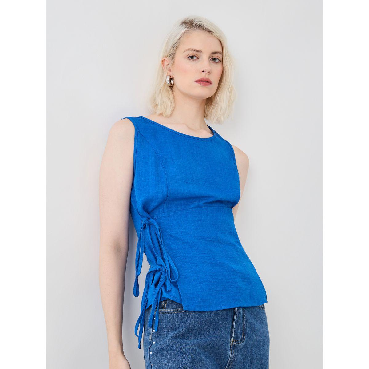 Styli Solid Sleeveless Round Neck Top with Tie-Up Detail-women-clothing-shirtsandblouses-blouses-image-1