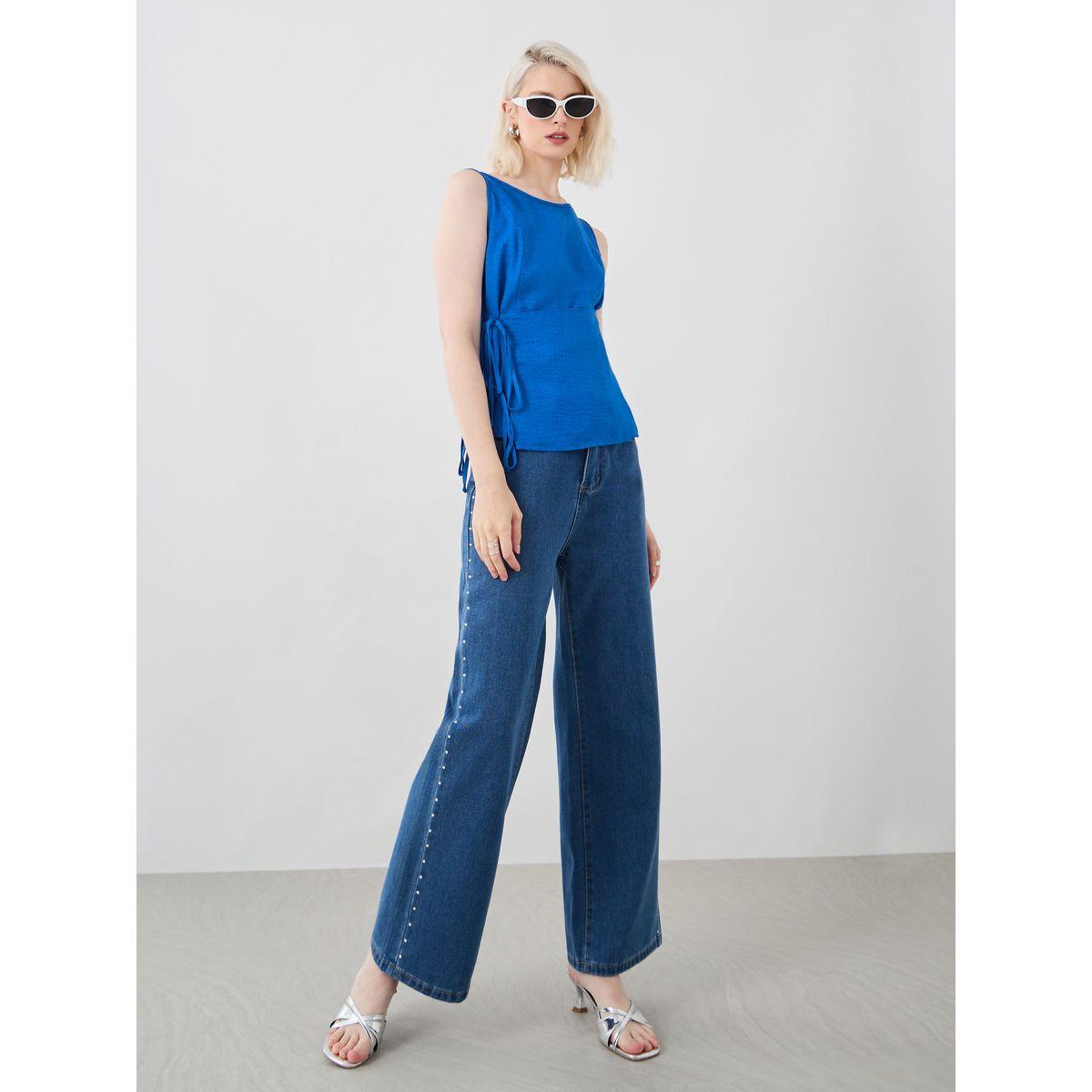 Styli Solid Sleeveless Round Neck Top with Tie-Up Detail-women-clothing-shirtsandblouses-blouses-image-2