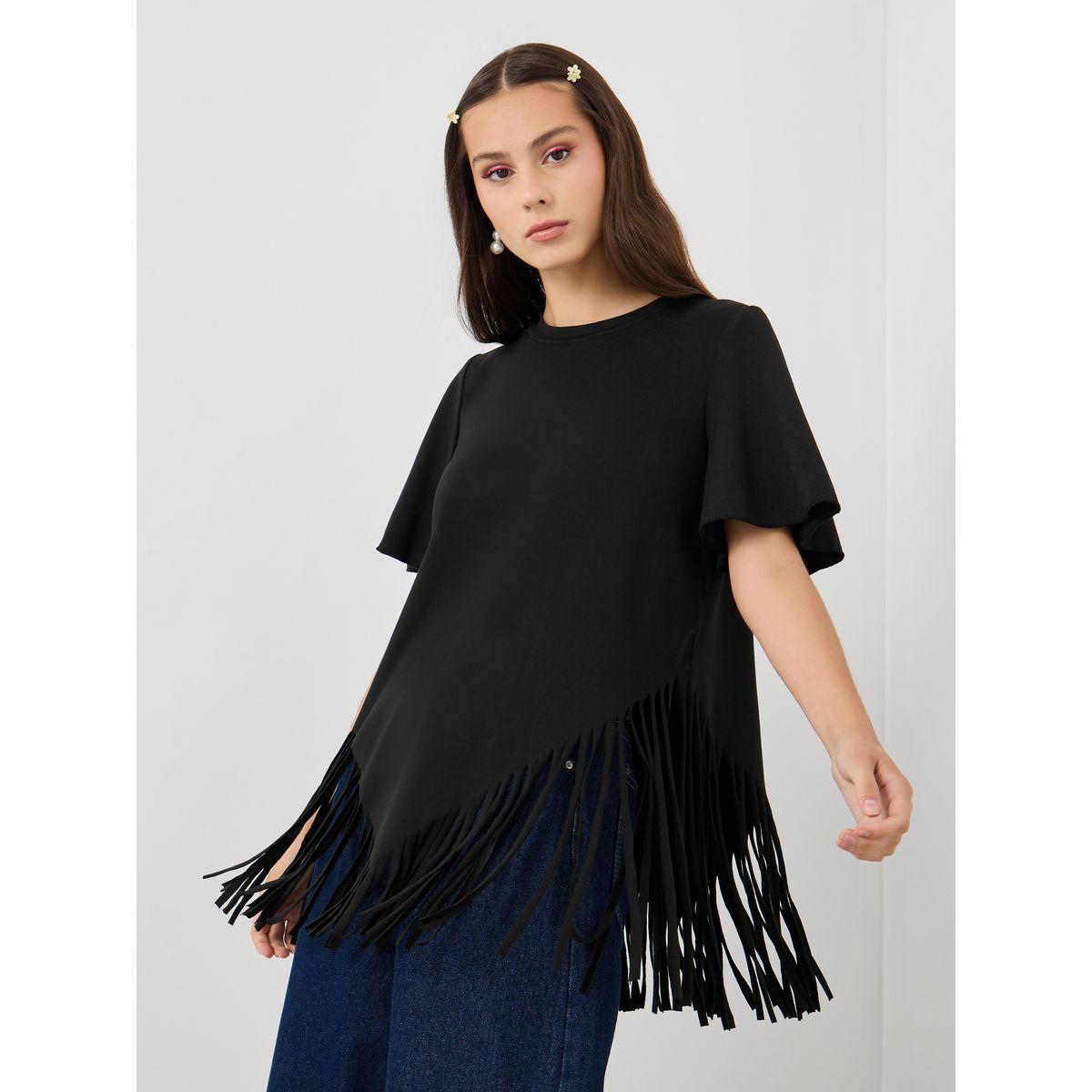 Styli Solid Tassel Hem Round Neck Top-women-clothing-shirtsandblouses-blouses-image-1