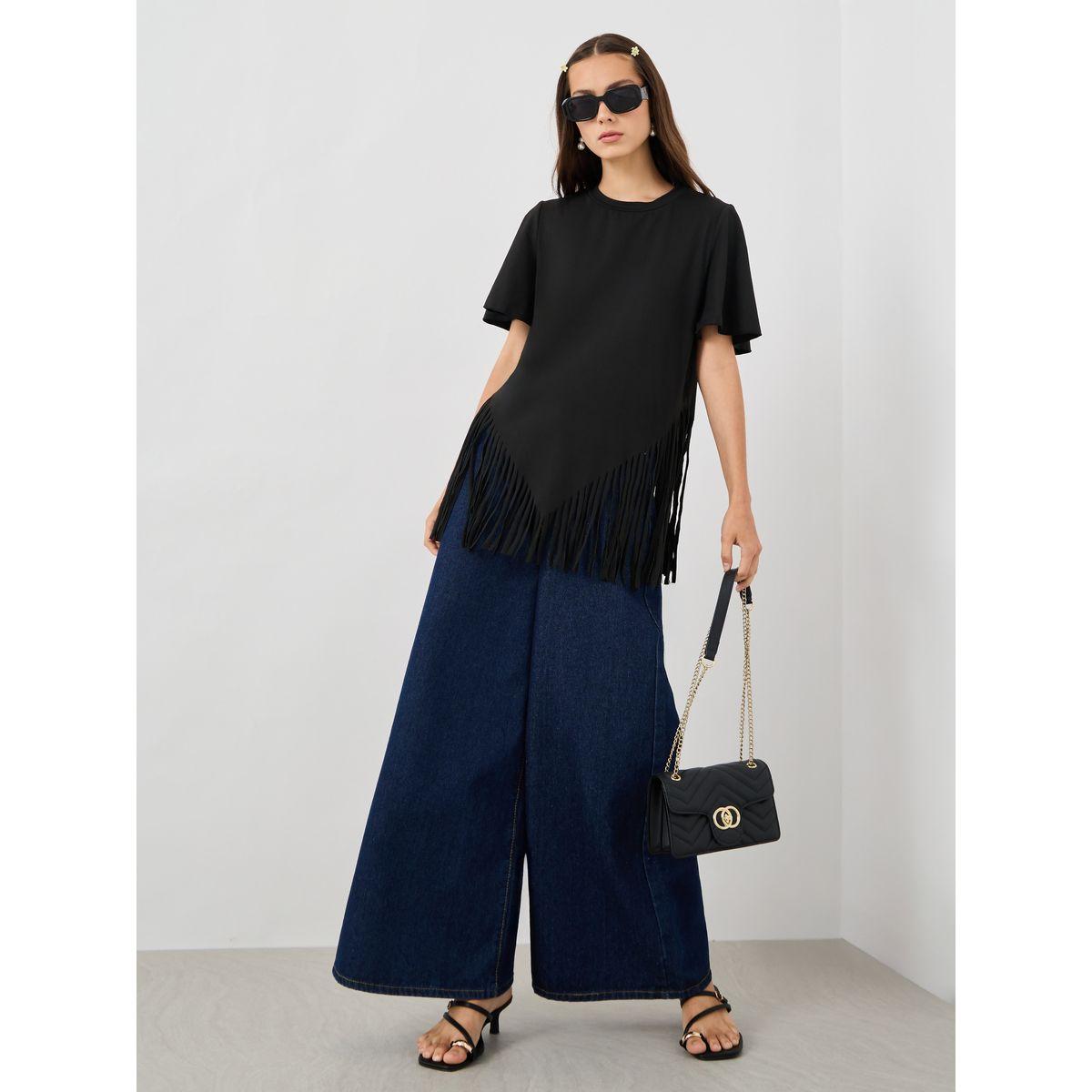 Styli Solid Tassel Hem Round Neck Top-women-clothing-shirtsandblouses-blouses-image-2