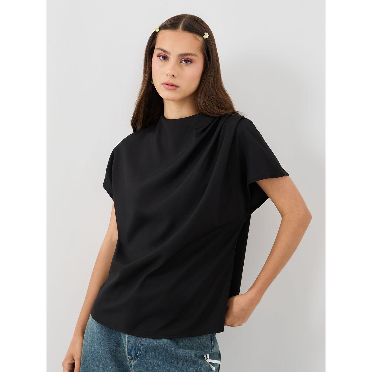 بلوزة سادة بياقة منسدلة وأكمام قصيرة-women-clothing-shirtsandblouses-blouses-image-1