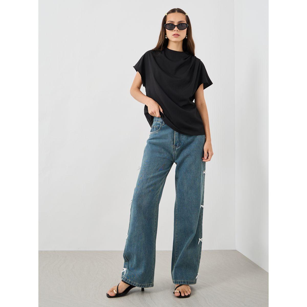Styli Solid Cowl Neck Short Sleeve Top-women-clothing-shirtsandblouses-blouses-image-2