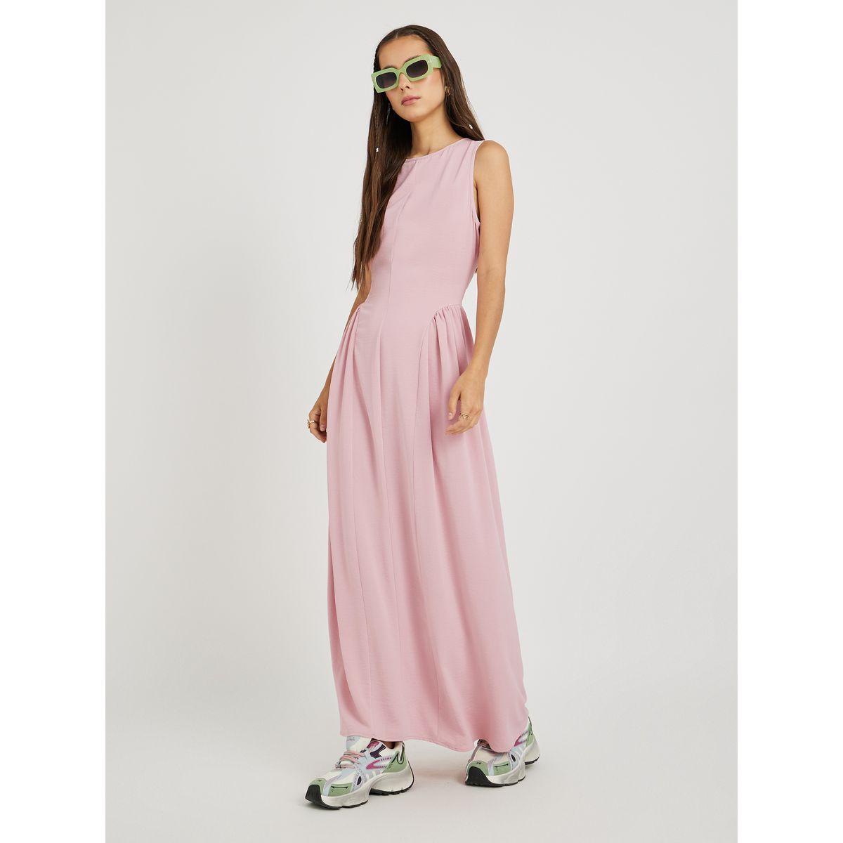 Styli Solid Sleeveless Round Neck Pleated A-Line Maxi Dress-women-clothing-dresses-image-1