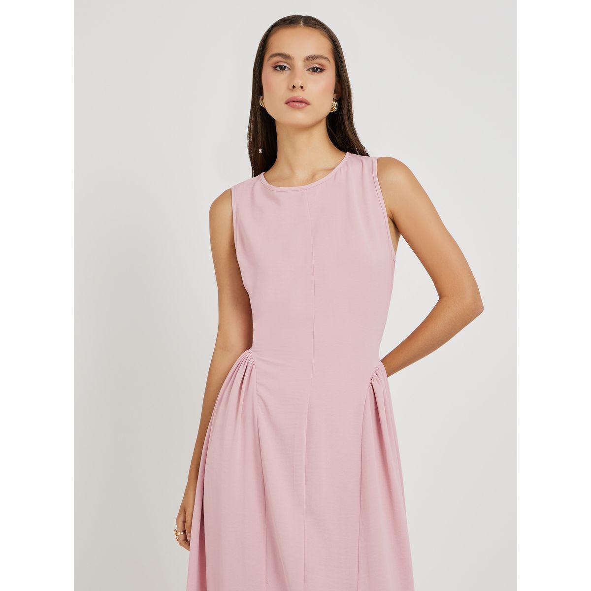 Styli Solid Sleeveless Round Neck Pleated A-Line Maxi Dress-women-clothing-dresses-image-2