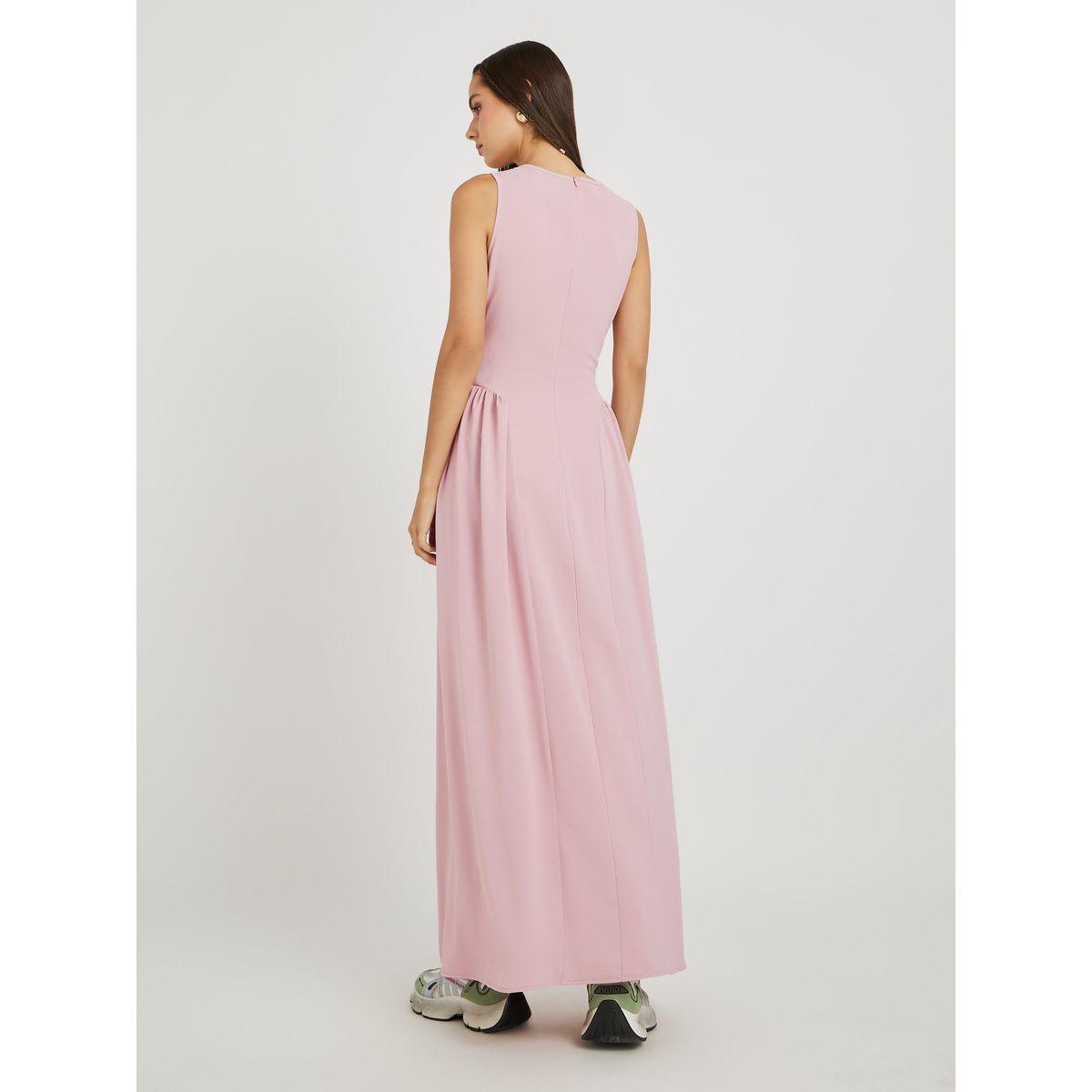Styli Solid Sleeveless Round Neck Pleated A-Line Maxi Dress-women-clothing-dresses-image-4