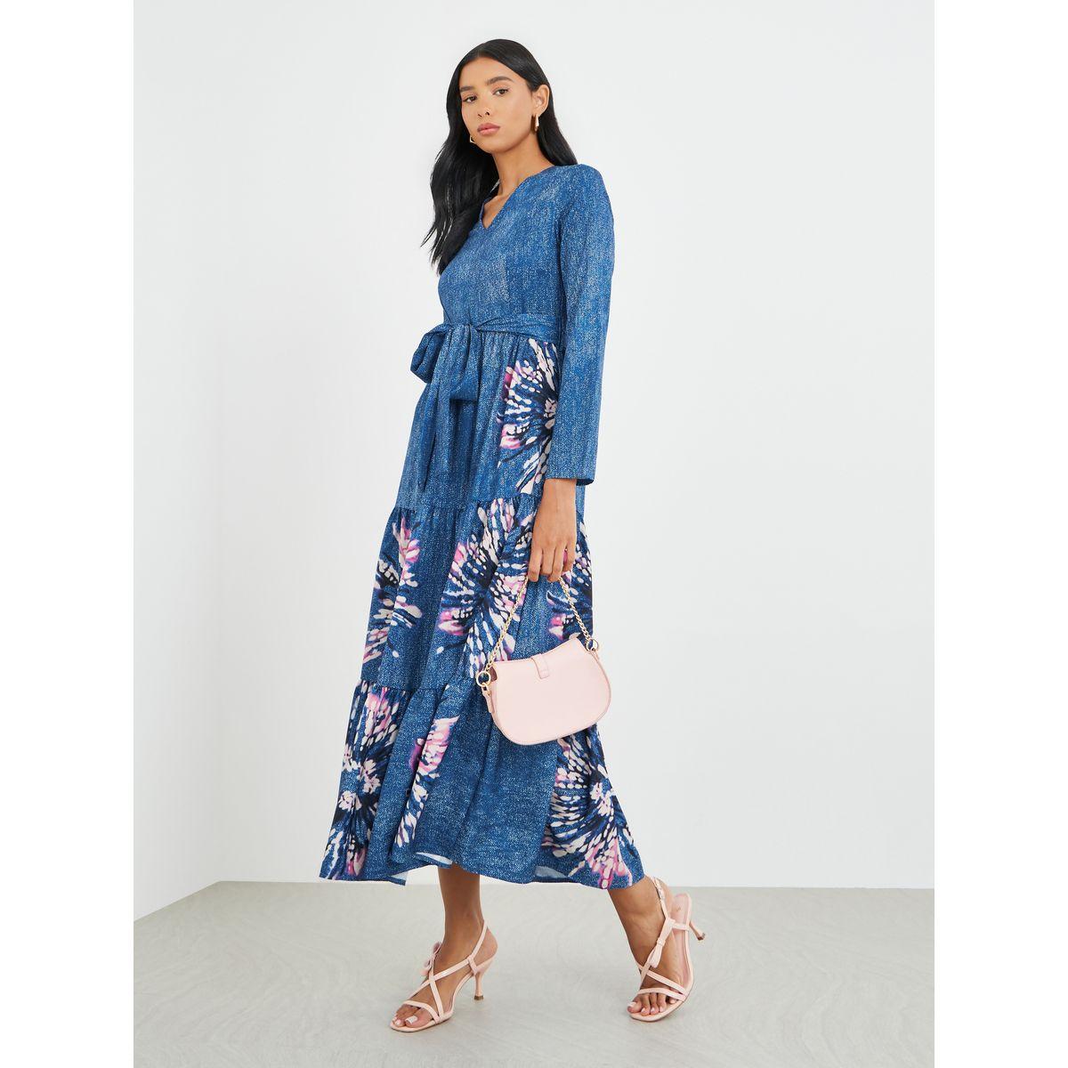 Styli Floral Print Long Sleeve V-Neck Belted Midi Dress-women-clothing-dresses-image-1