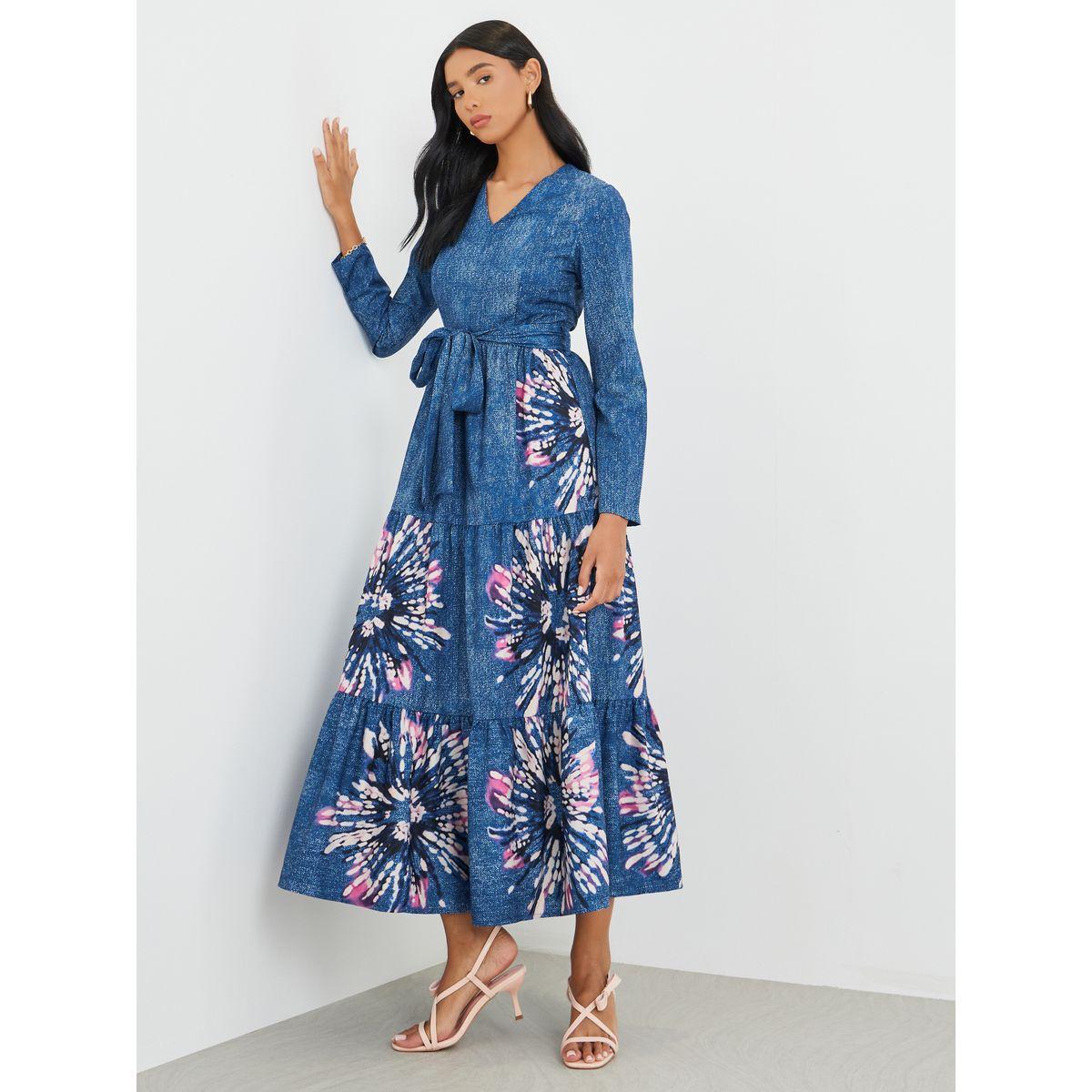Styli Floral Print Long Sleeve V-Neck Belted Midi Dress-women-clothing-dresses-image-2