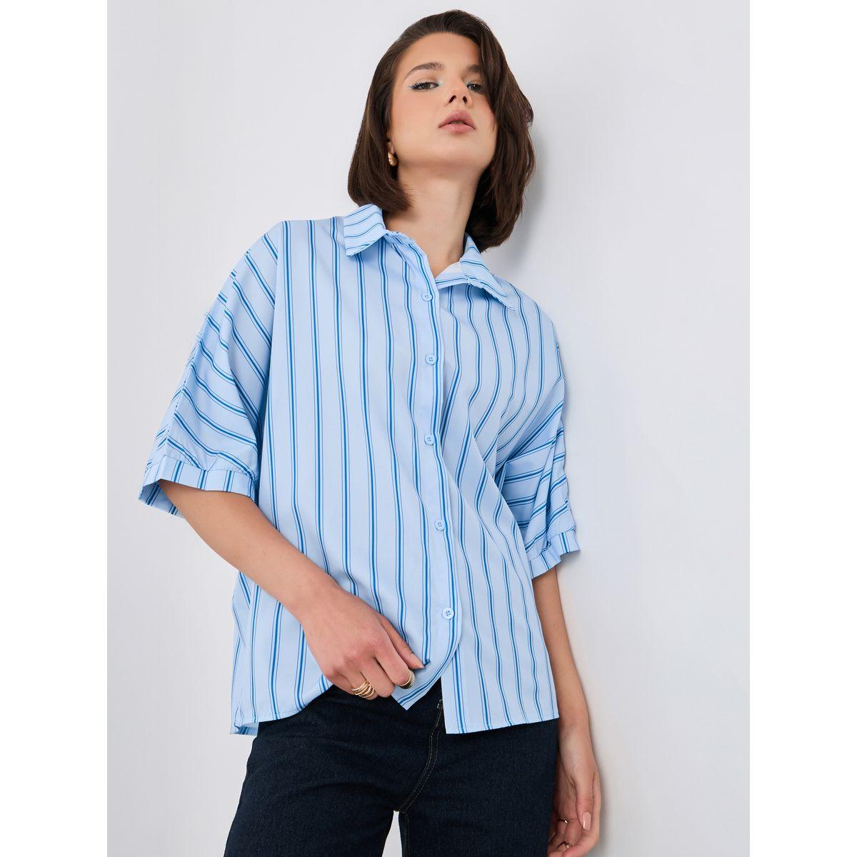 بلوزة مخططة بأكمام قصيرة وياقة سبريد-women-clothing-shirtsandblouses-shirts-image-5