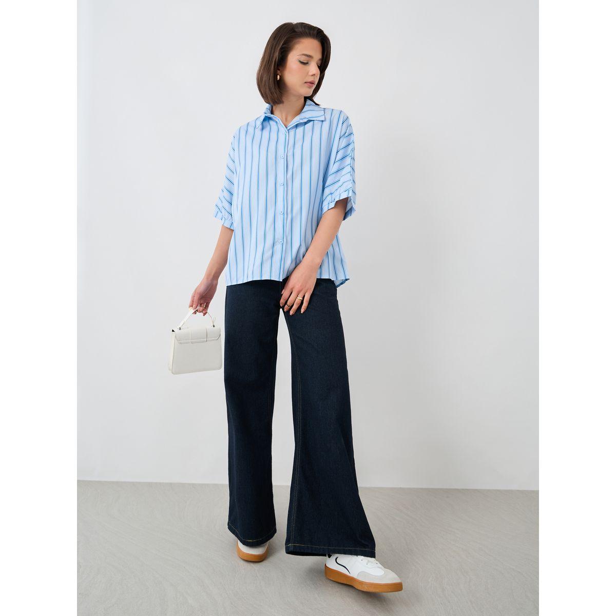 بلوزة مخططة بأكمام قصيرة وياقة سبريد-women-clothing-shirtsandblouses-shirts-image-4