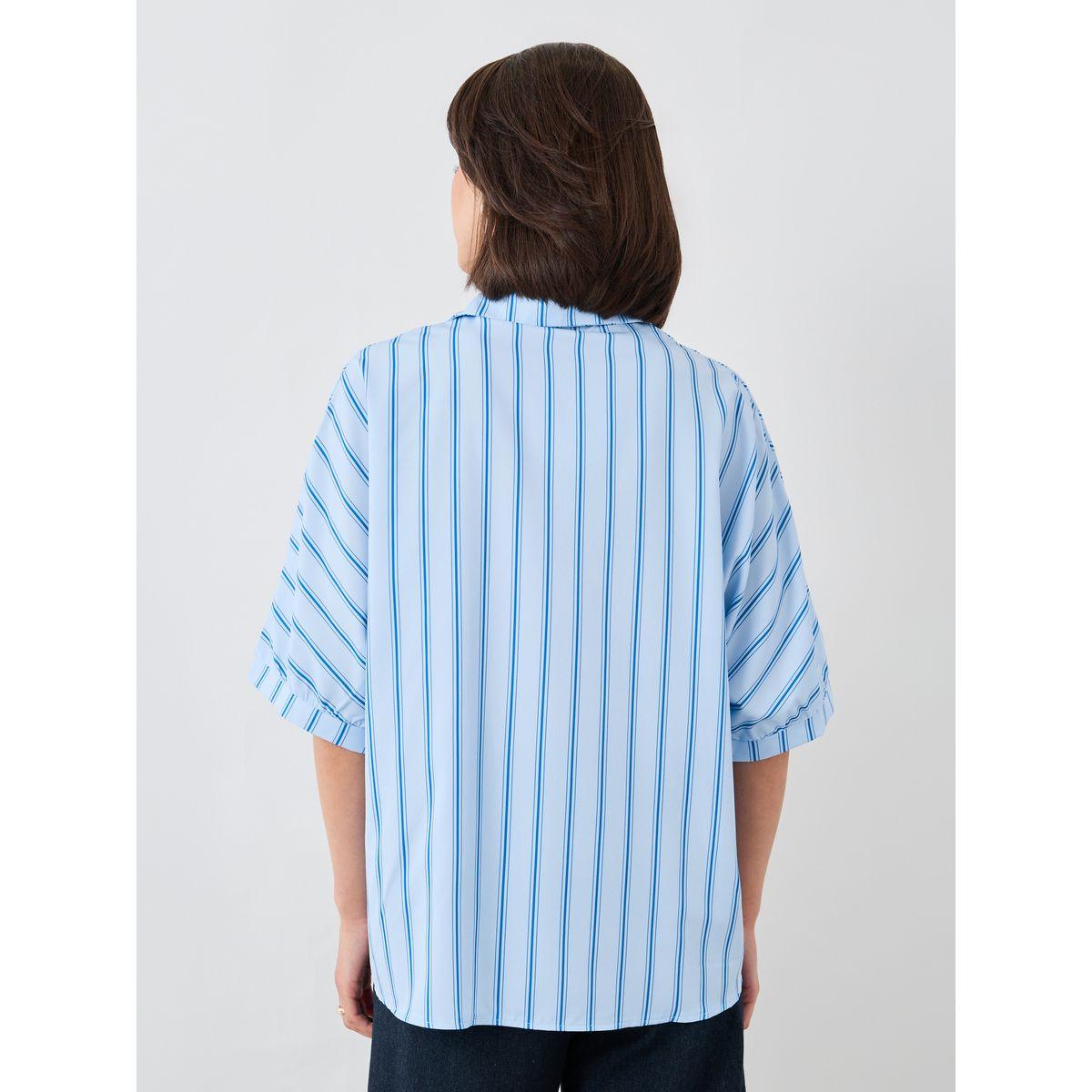 بلوزة مخططة بأكمام قصيرة وياقة سبريد-women-clothing-shirtsandblouses-shirts-image-1