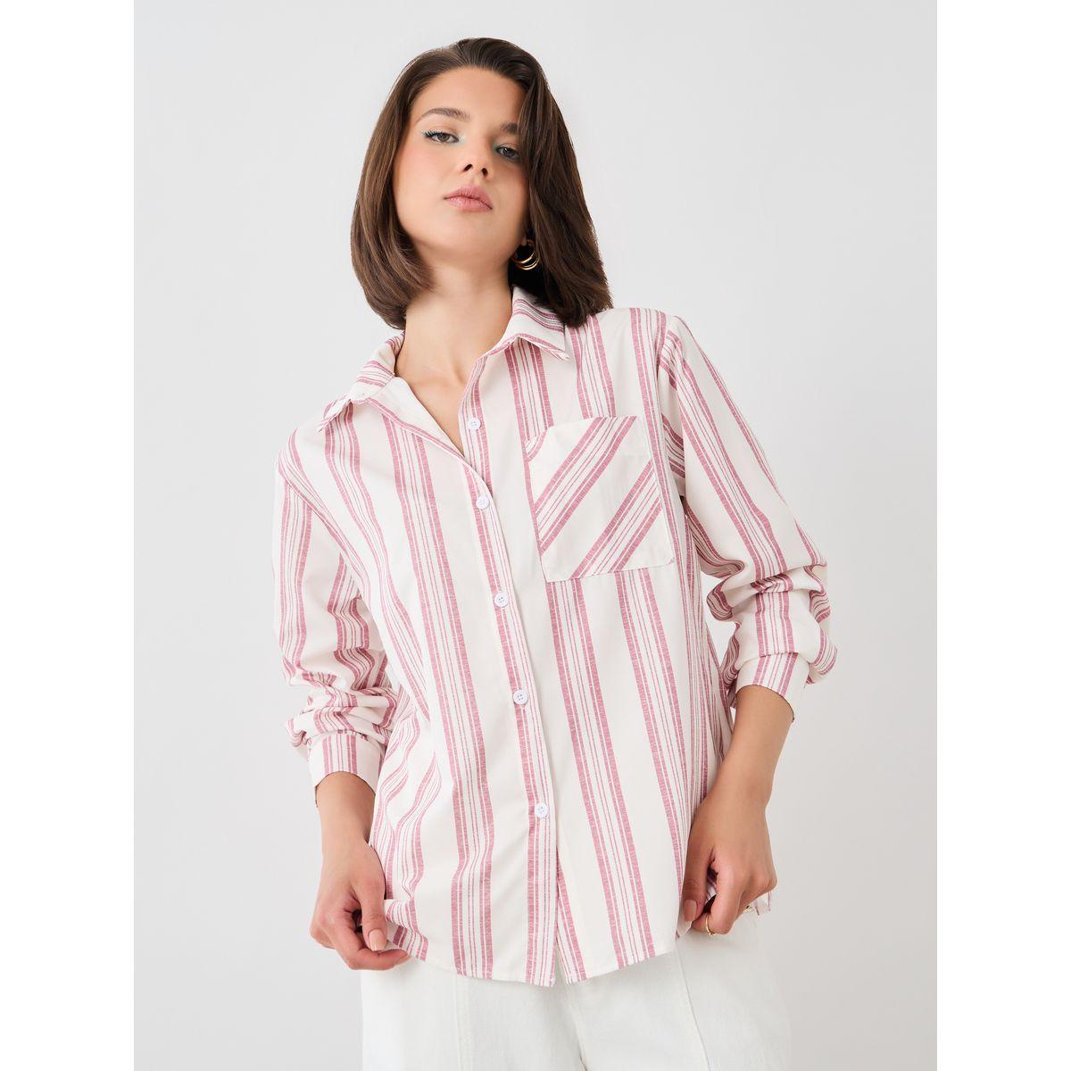 بلوزة فضفاضة مخططة بأكمام طويلة وجيب-women-clothing-shirtsandblouses-shirts-image-1