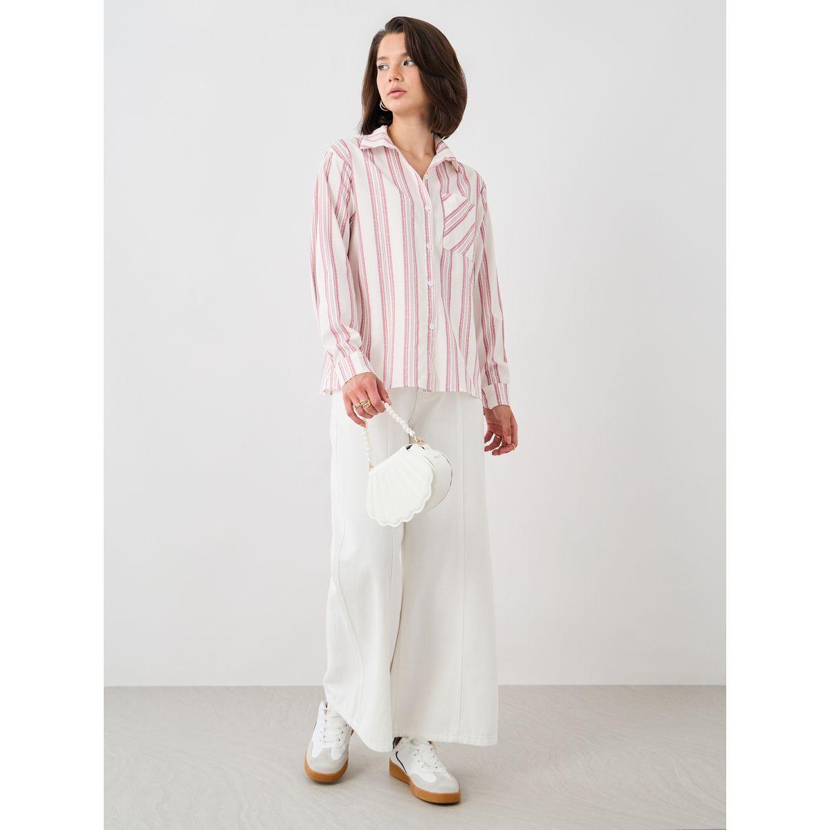 بلوزة فضفاضة مخططة بأكمام طويلة وجيب-women-clothing-shirtsandblouses-shirts-image-2