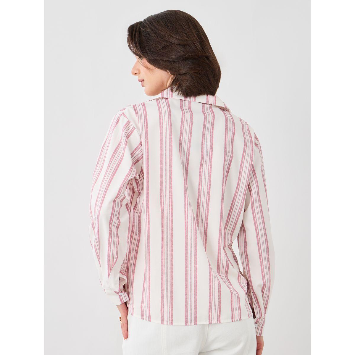 بلوزة فضفاضة مخططة بأكمام طويلة وجيب-women-clothing-shirtsandblouses-shirts-image-4