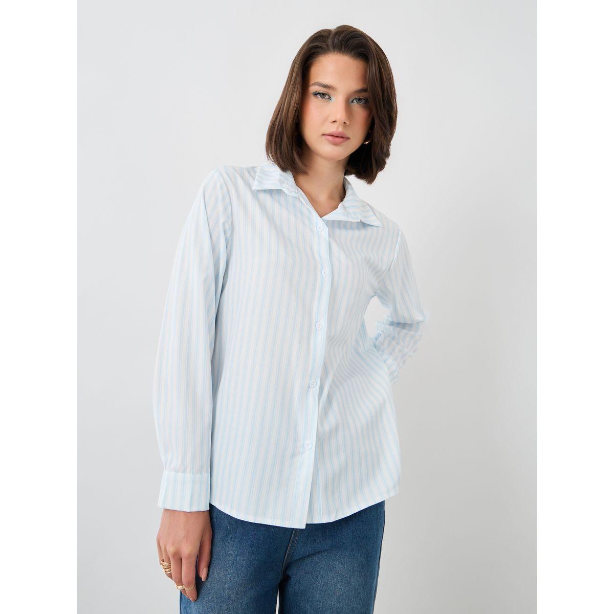 بلوزة مخططة فضفاضة بياقة سبريد وأكمام طويلة-women-clothing-shirtsandblouses-shirts-image-1